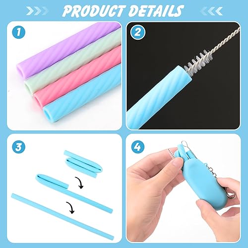 Miniatura 4 de Cobee Juego de 4 pajitas de silicona reutilizables, pajitas portátiles plegables con caja de almacenamiento colorida y llavero para viajes, cepillo