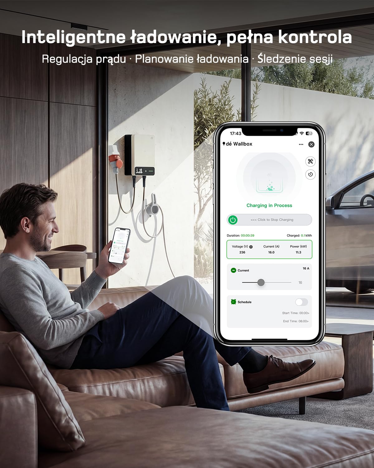 dé Skrzynka ścienna typu 2, 11 kW, z aplikacją i RFID, 6-16 A, 3-fazowa ładowarka EV, 400 V z kablem do ładowania 5 m i uchwytem na kabel do ochrony BEV/PHEV, RCD typu B i IP54, wydajna stacja