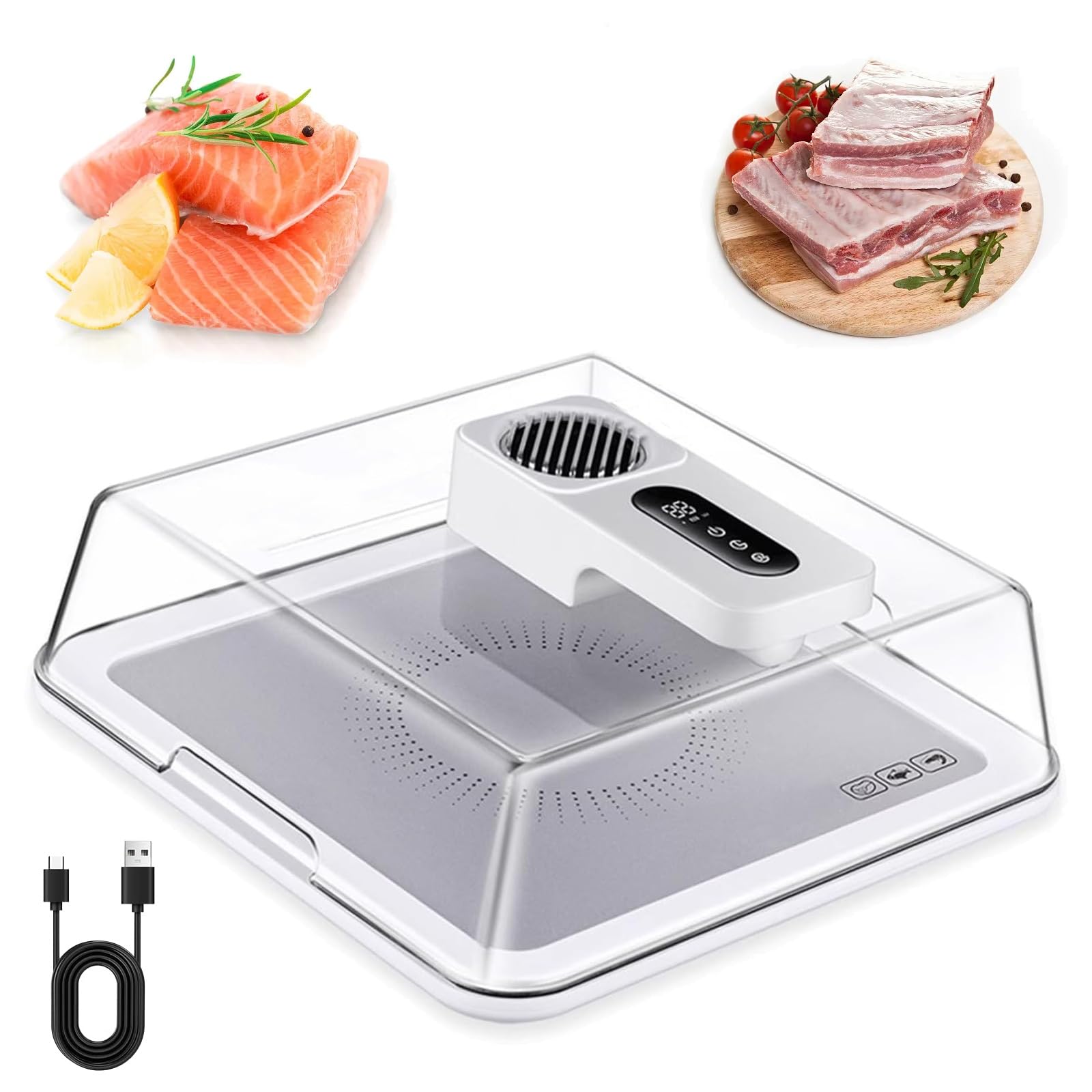 KJZQXYX Meat Defrosting Tray, Portable Electric Thawing Board,with USB Charging, Timable Frozen Meat Thawing Box,with Visual Lid,for Home (White)