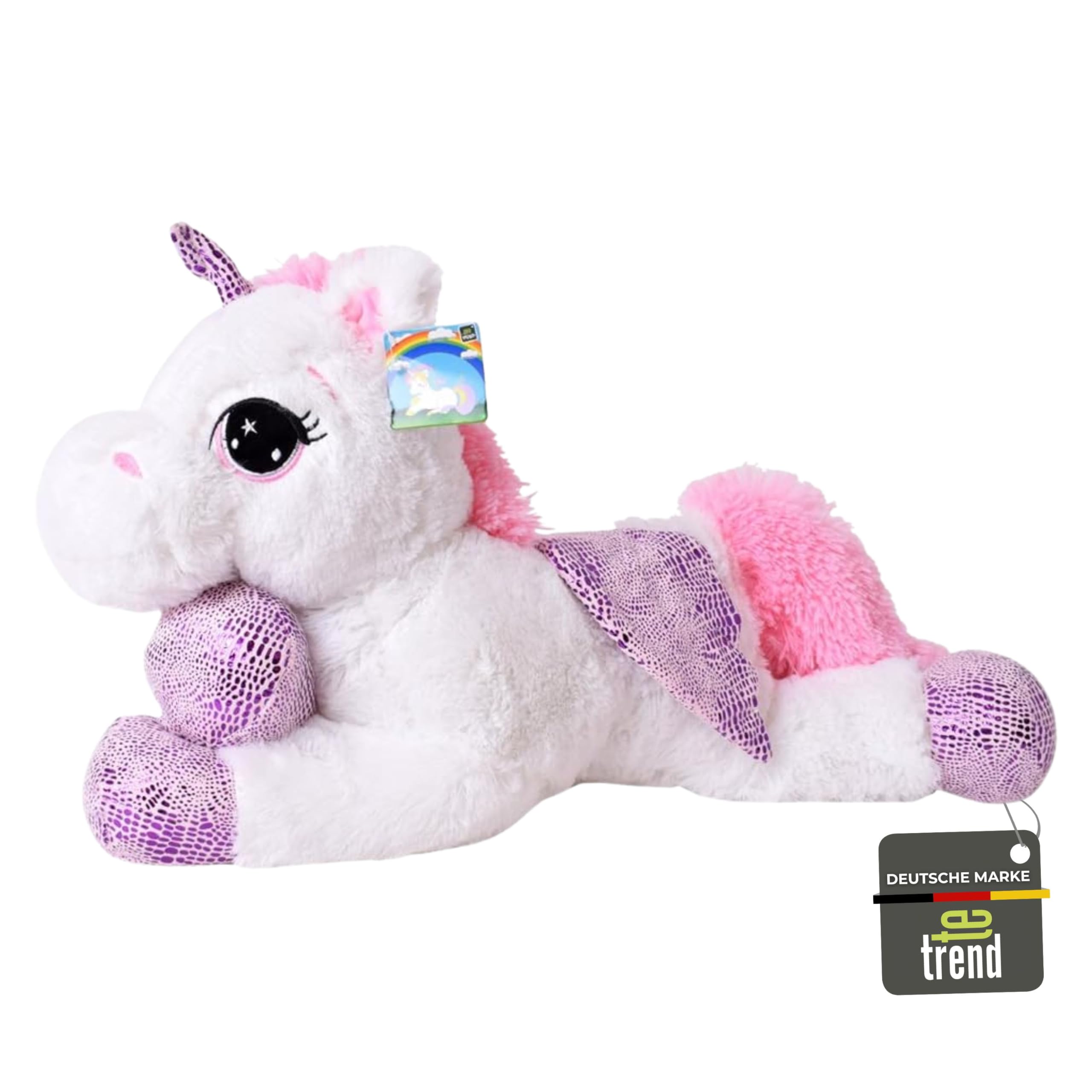 te-trend Caballo de Peluche Unicornio Unicornio tendida 60cm Fucsia o Blanco con púrpura Aplicaciones y ala - Blanco