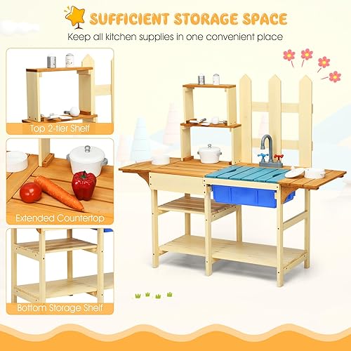 Miniatura 3 de HONEY JOY Juego de cocina de barro para niños, para interiores y exteriores, juguete de simulación de madera con fregadero extraíble, grifo