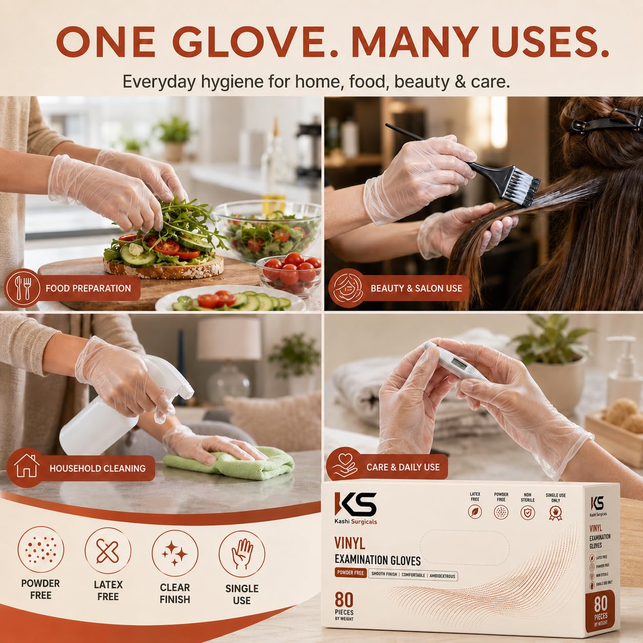 Kashi Surgicals Powder Free Blended Medical Examination Disposable Gloves, Food Grade (Latex Free Rubber, White Clear, Box Of 80) (Large), Pack of 1 1
