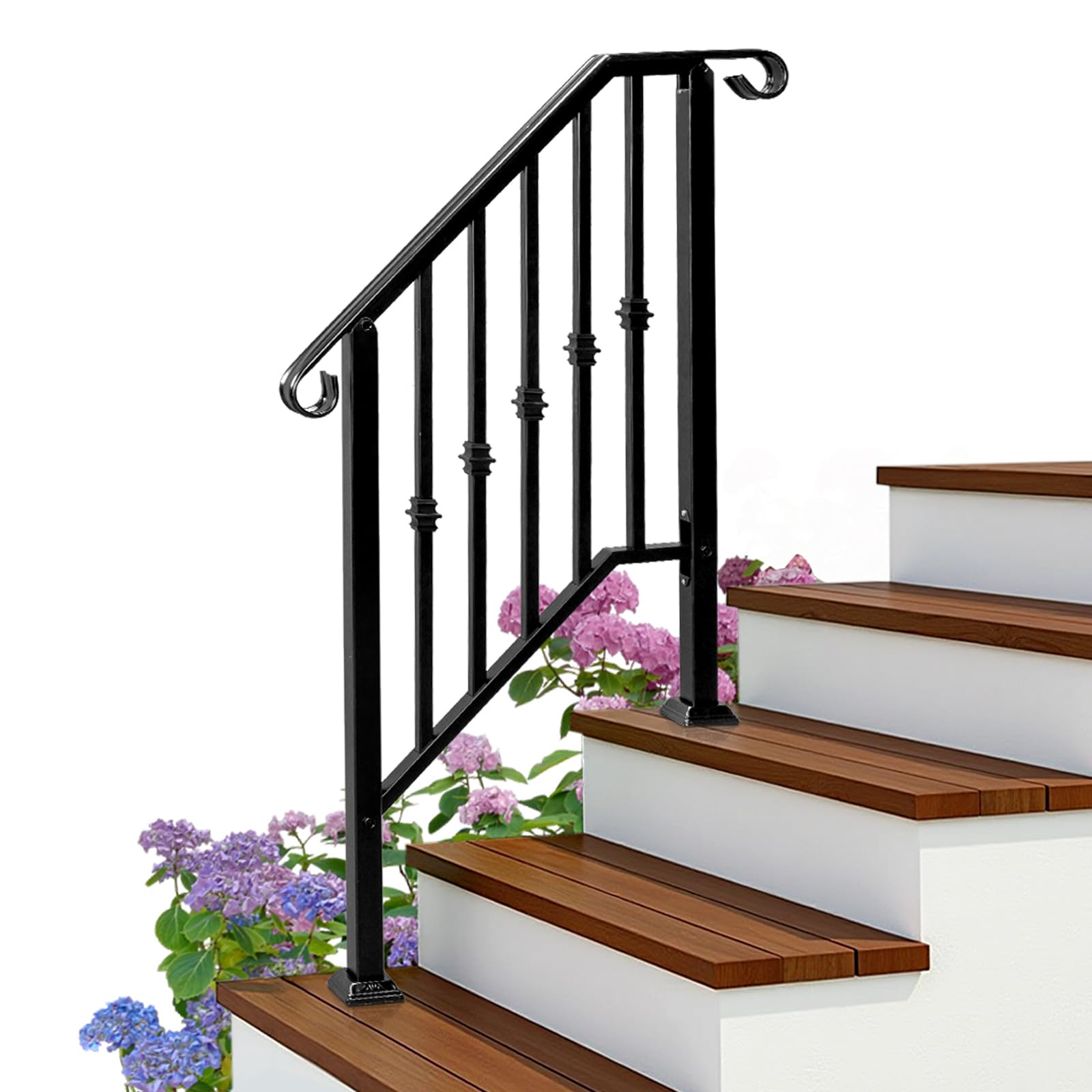 Bonnlo Outdoor Handrail for Stairs Fit 2 Steps, Hand Rails Outside Steps with Decoration, Galvanized Iron Handrail for Garden