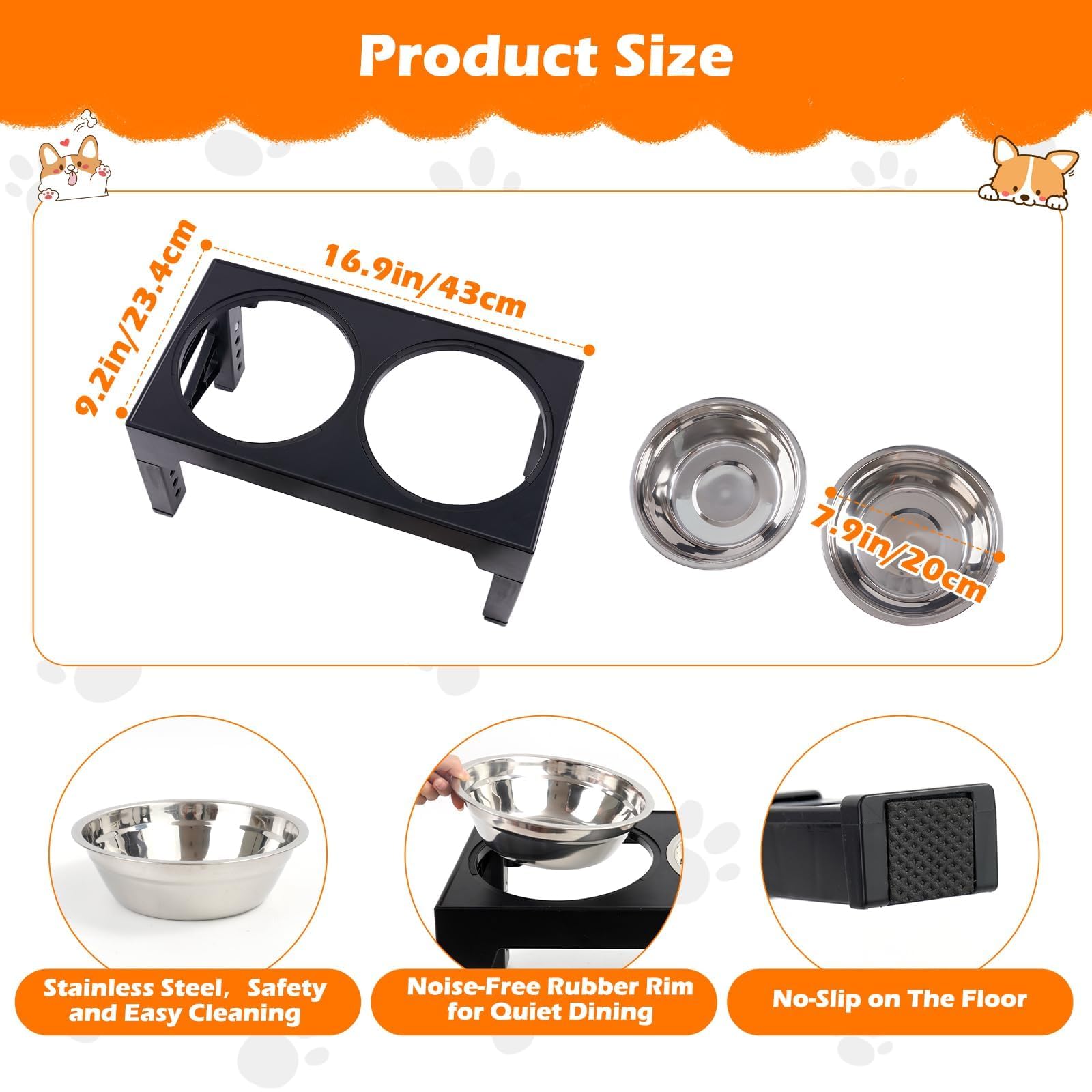 Gamelle Surélevée pour Chien et Chat - 5 Hauteurs Ajustables, 2 Mangeoires INOX Anti-Éclaboussure, Support Antidérapant pour Petits, Moyens et Grands Animaux