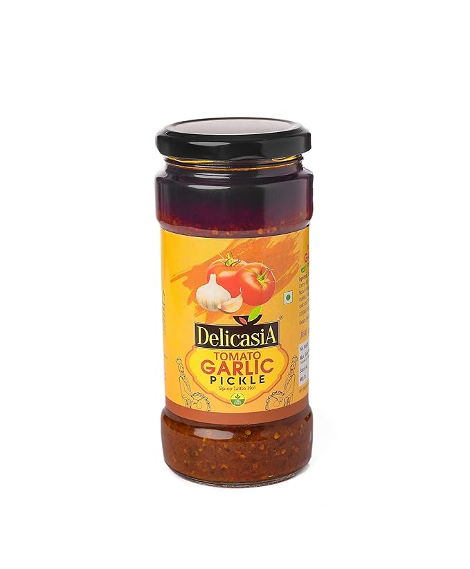 DELICASIA Gold Tomato Garlic Pickle 250 gm Indian Flavor NO Artificial Color and Flavors Gluten Free 77 Years of Trust (Tomato Garlic Pickle)