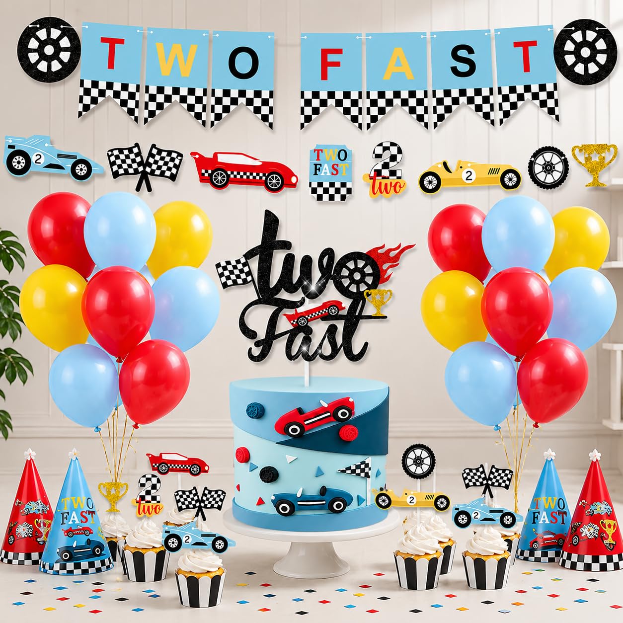 Festiko® Set of 45 Pcs Racing Car Theme Two Fast Birthday Decoration, 2nd Birthday Party Decoration For Boys, Race Car Theme Birthday Party-image-19