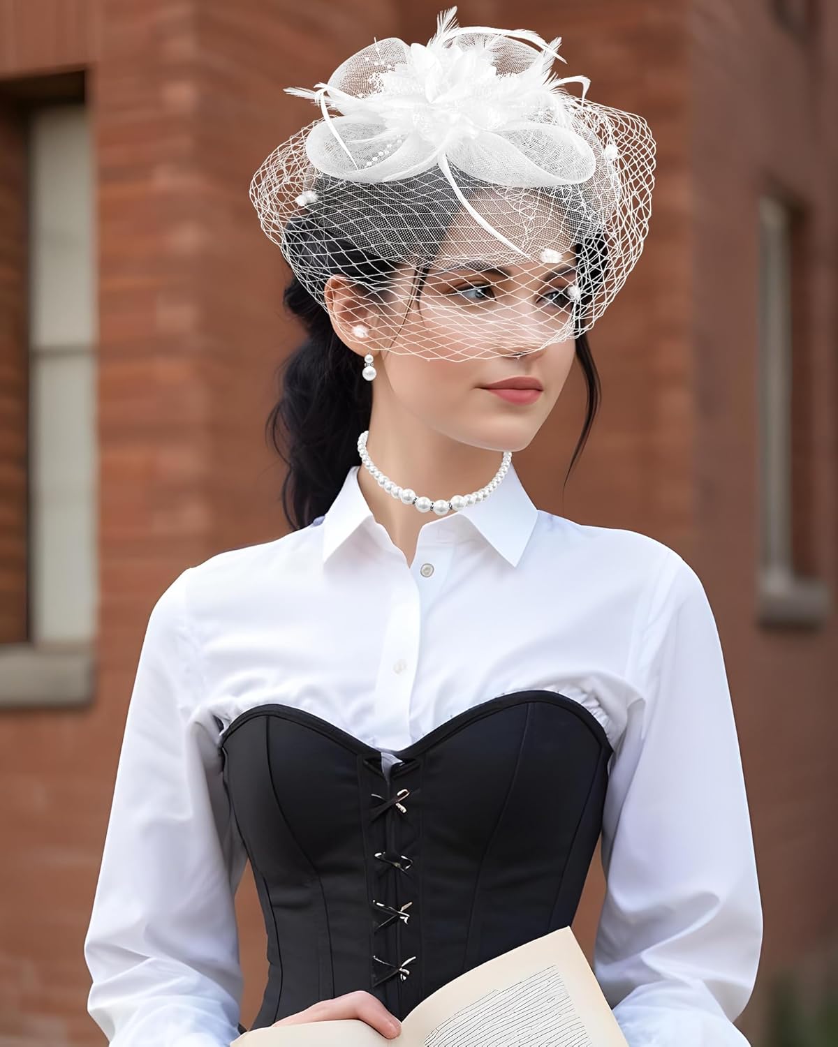 1920s Vintage Fascinators Hat Set for Women Tea Party Hats Feather Headband Lace Gloves Set - Image 6