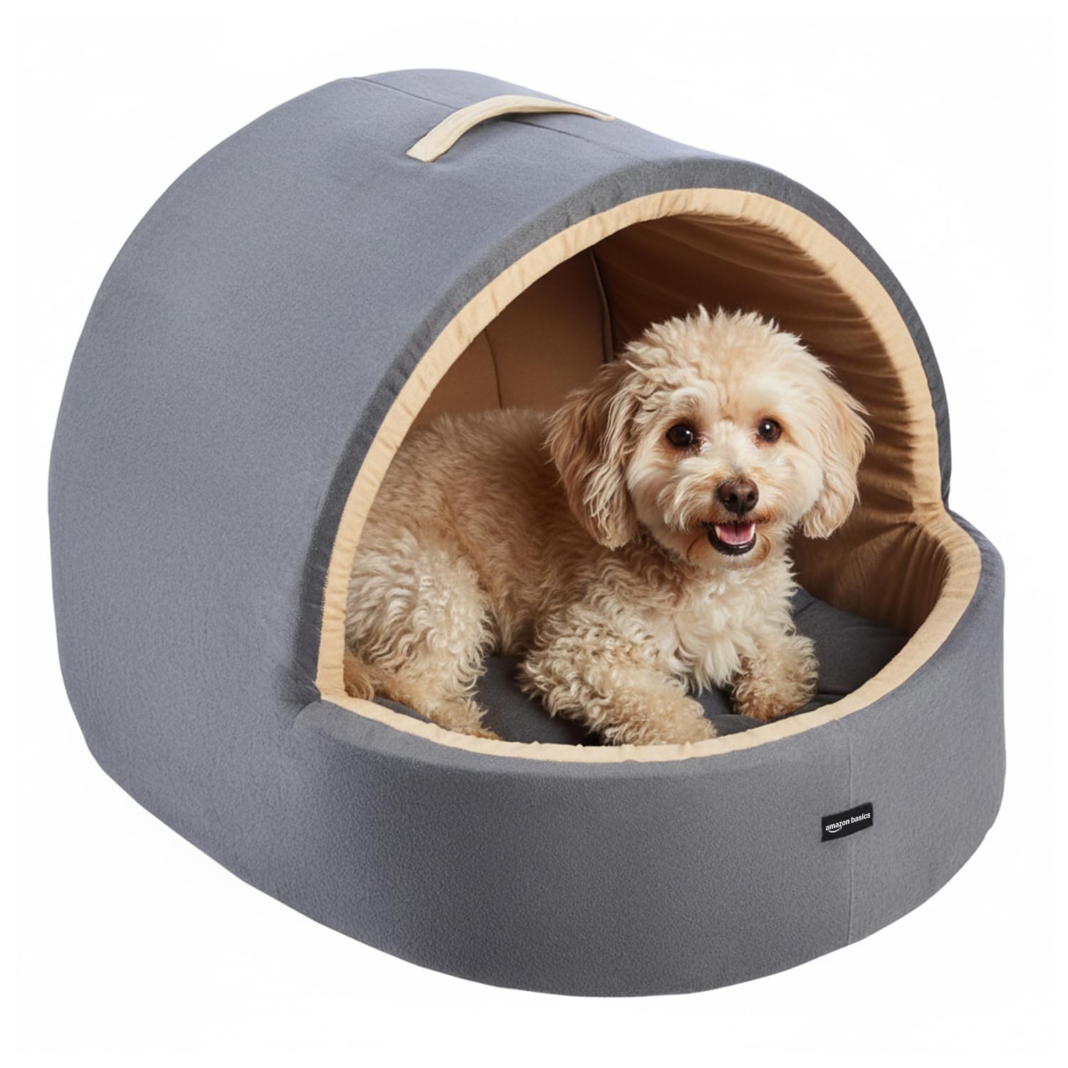 Amazon Basics Pet Bed Cave | Soft & Warm Indoor Tent Bed for Cats, Kittens & Small/Medium Dogs (Pug, Beagle, Shih Tzu) | Foldable with Removable Cushion | Grey & Beige | 59 × 56 × 48 cm