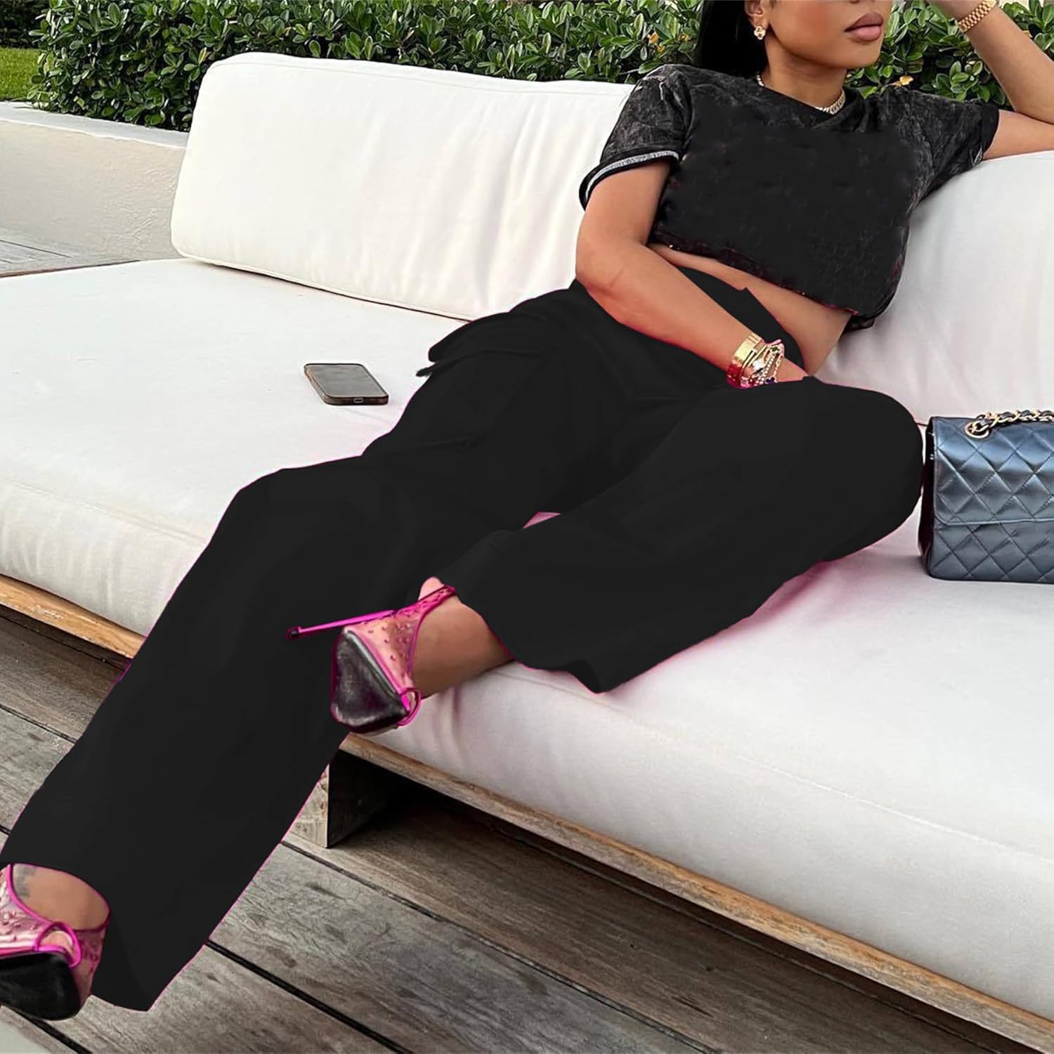 Lucuna Women's Satin Cargo Pants Y2K High Waisted Multi-Pocket Straight Leg Baggy Casual Trousers - Image 4