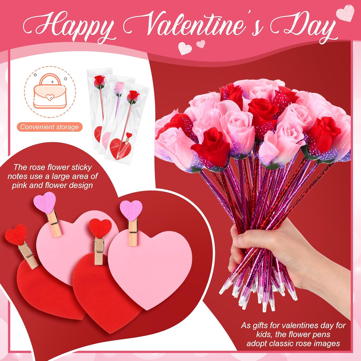 Yexiya 120 Sets Valentine's Day Flower Rose Pen Bulk Gifts with Sticky Notes Heart Clips Goodie Bags for Women Teacher Cowork Nurse Office Gift (Red and Pink)
