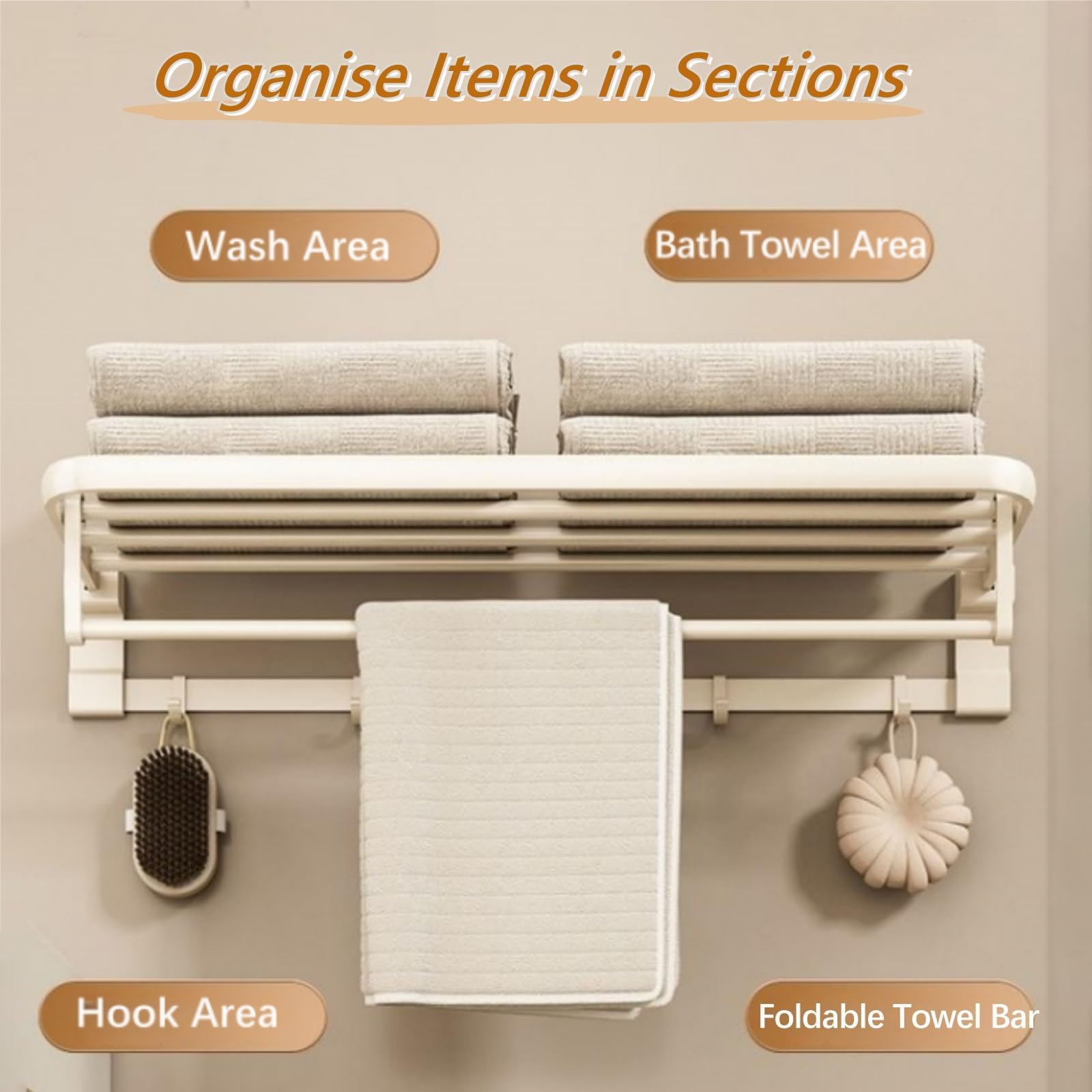 Wall Mounted Bathroom Towel Rack Heavy Duty Space Aluminum Foldable Towel Holder with 5 Hooks Shelf For Bathroom/Kitchen/Laundry Room/Rustproof Waterproof(60cm/23.6in)