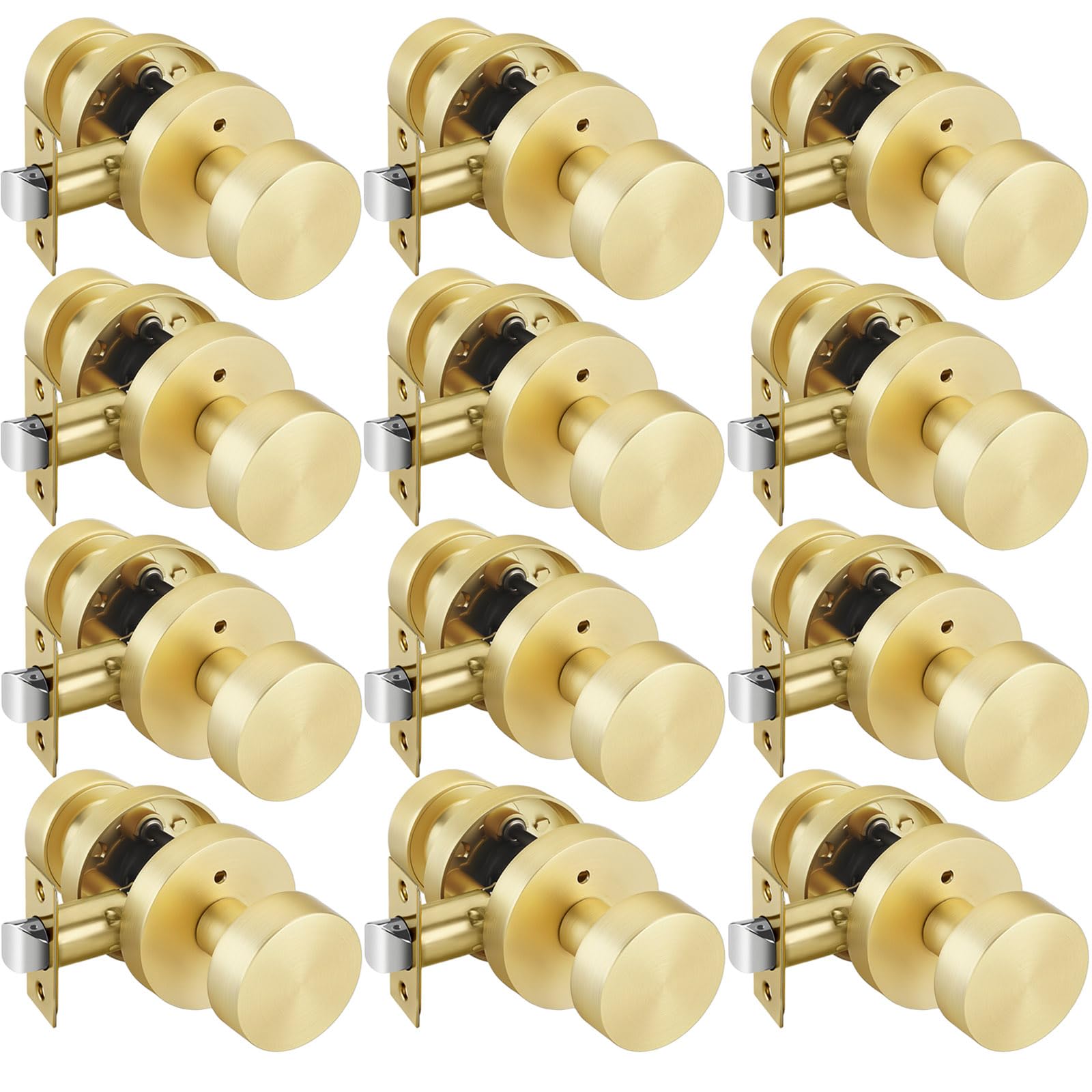 Goldenwarm Gold Door Knobs Interior Privacy, Zinc Alloy Keyless Brushed Gold Door Knobs for Bedroom Bathroom, Heavy Duty Interior Door Knob - Adjustable &amp; Reversible (12 Pack)