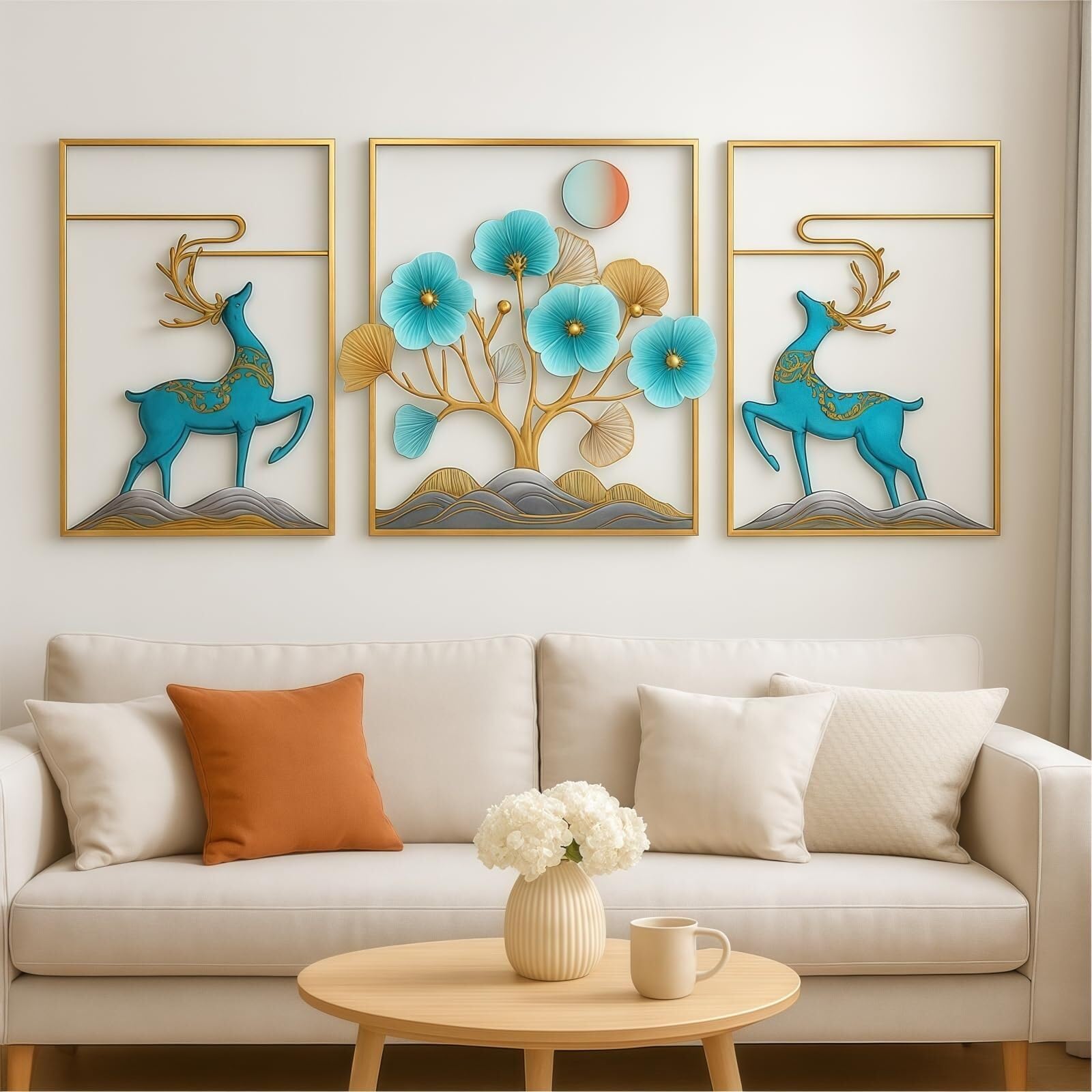 Grand cerf en métal doré 180x60 cm pour décoration murale encadrée 3D