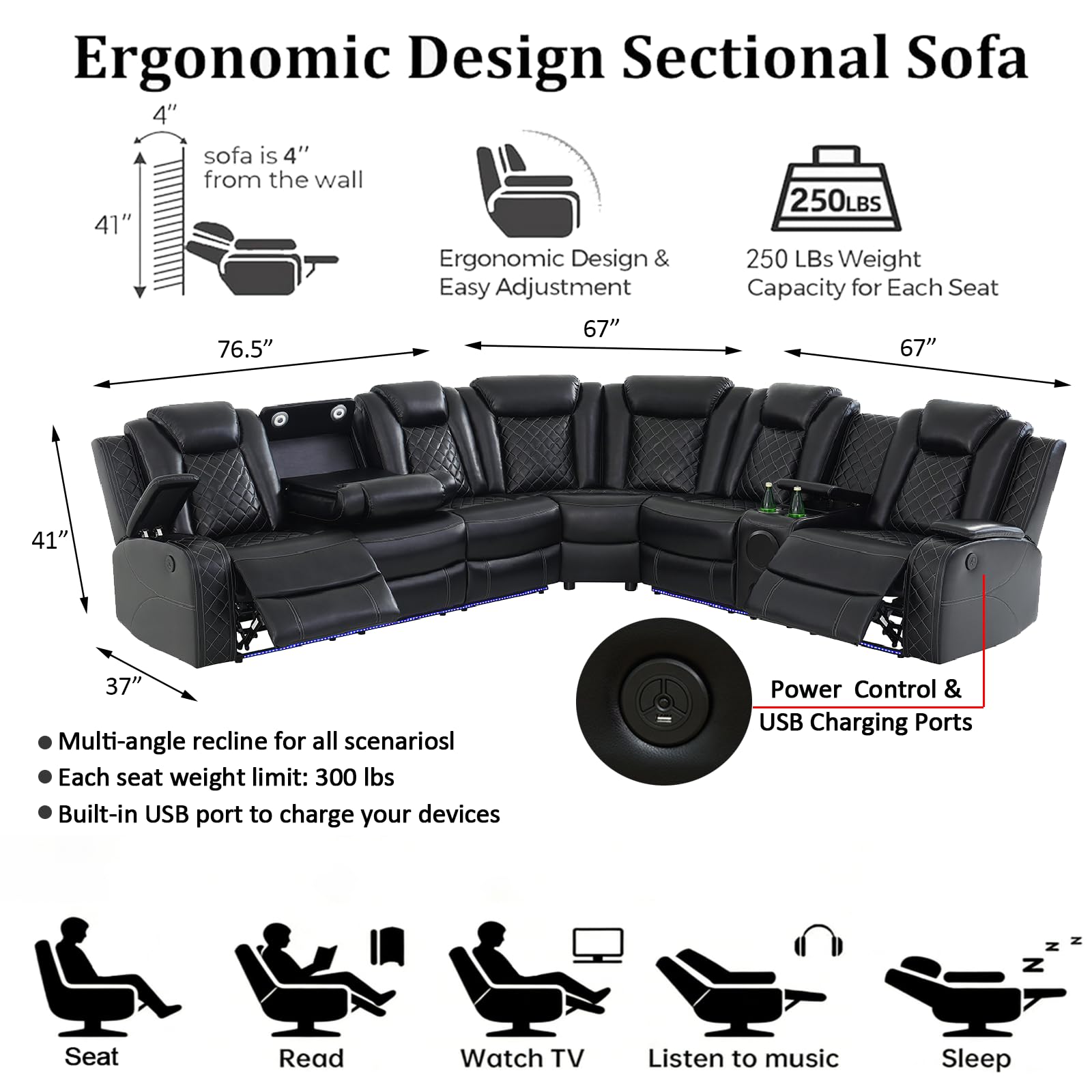 Leather Power Reclining Sectional Sofa Set with Bass Speakers & USB Ports view 2
