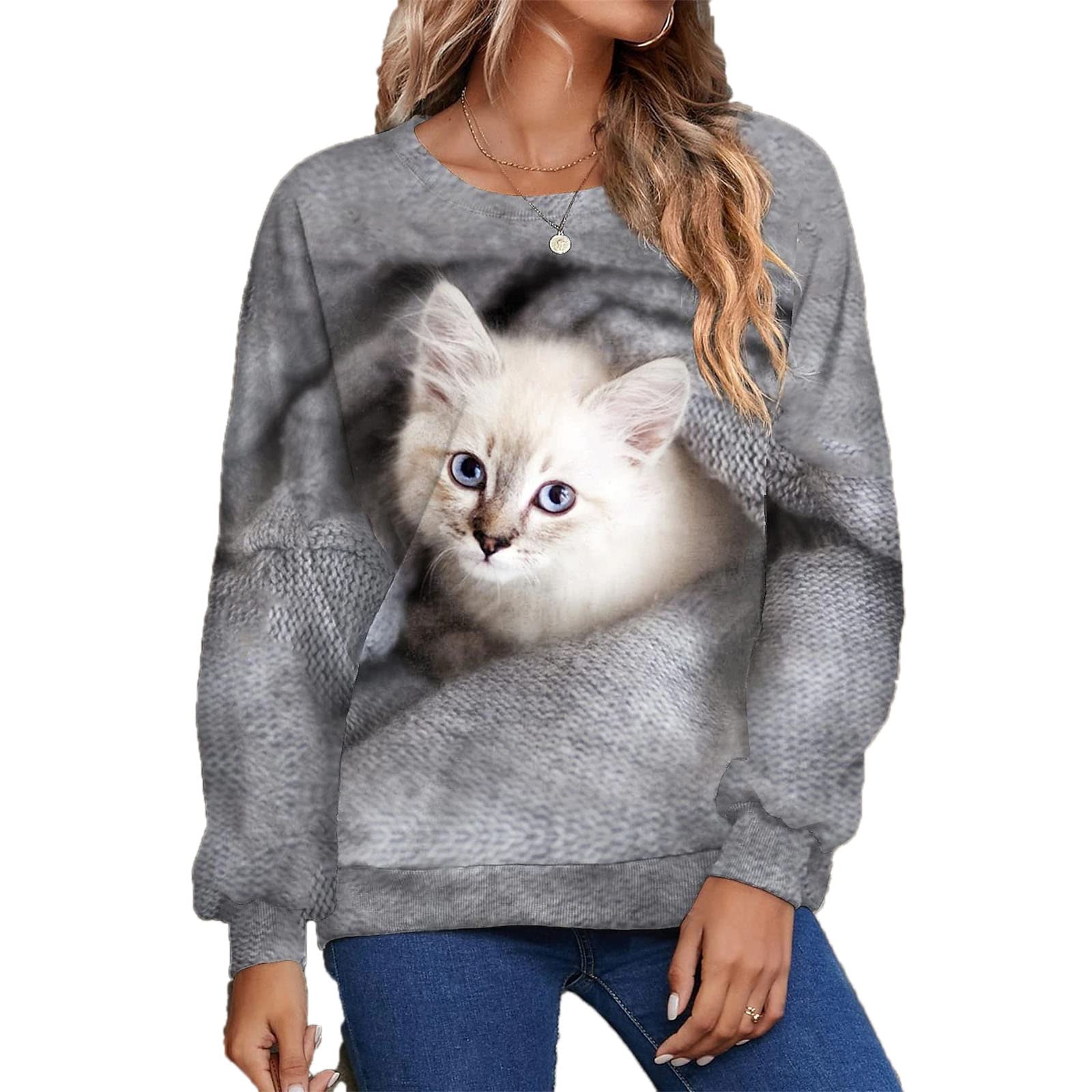 Cartoon Cats Print Crew Neck T Shirt Casual Long Sleeve Top - New