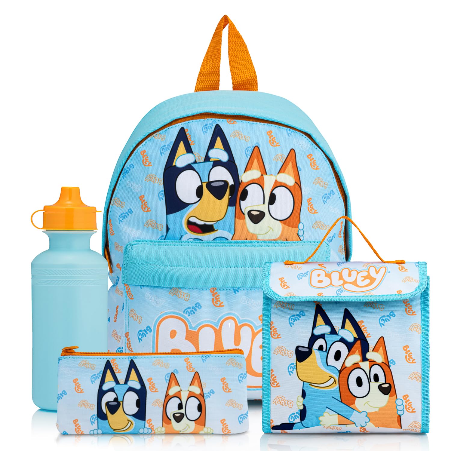 Bluey Ensemble sac à dos 4 pièces avec sac à déjeuner, bouteille d'eau et trousse à crayons, cartable pour garçons avec poche kangourou et côté en maille, pour enfants de 2 à 7 ans