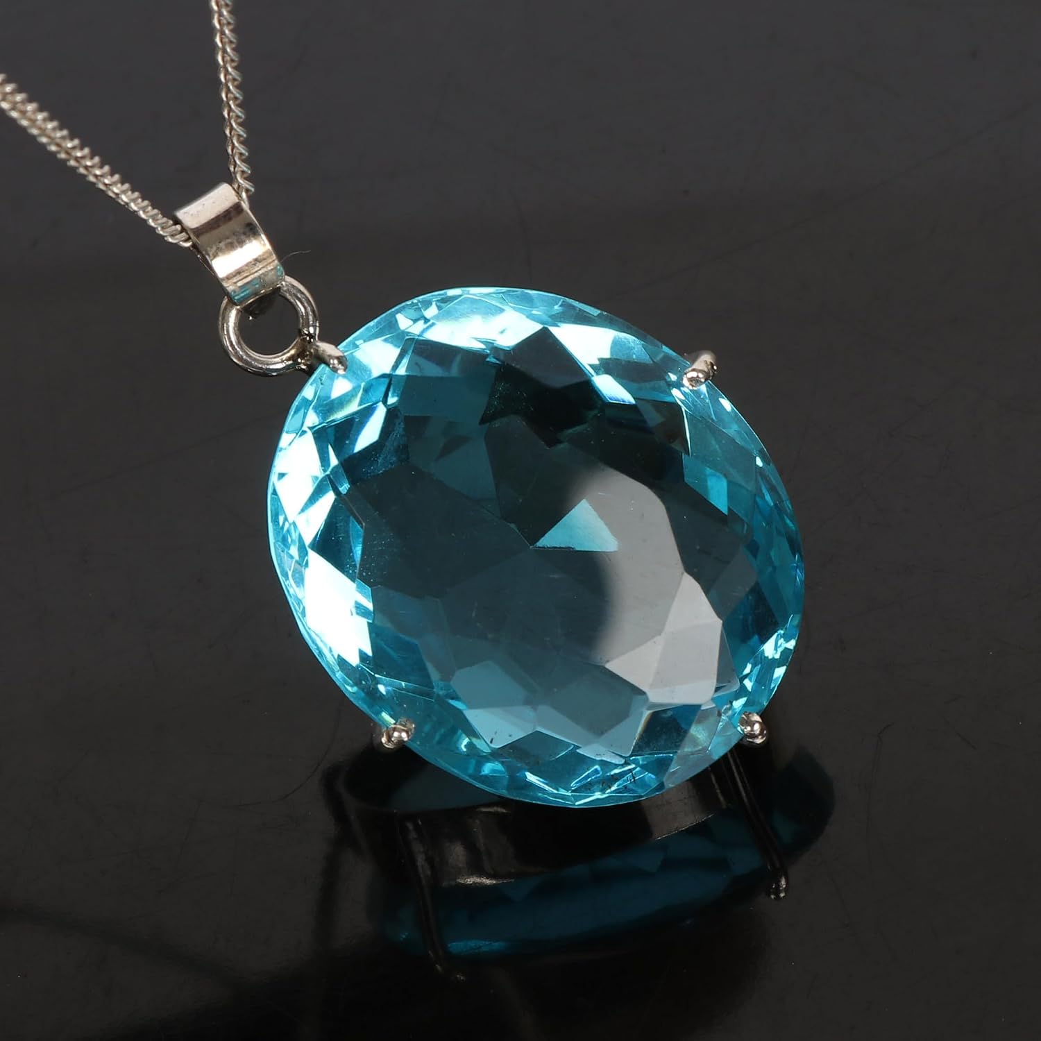 GEMHUB Lab Created Swiss Blue Topaz 82 Ct Oval Cut 925 Silver Fine Pendant for Office image 3