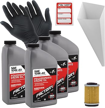 Factory Racing Parts Full Synthetic Oil Change Kit compatible with Yamaha Moto-4 Includes 4 Quarts of SAE 10W-40 Oil, 1 Filter, 1 Funnel, 1 Oil Change Reminder Sticker