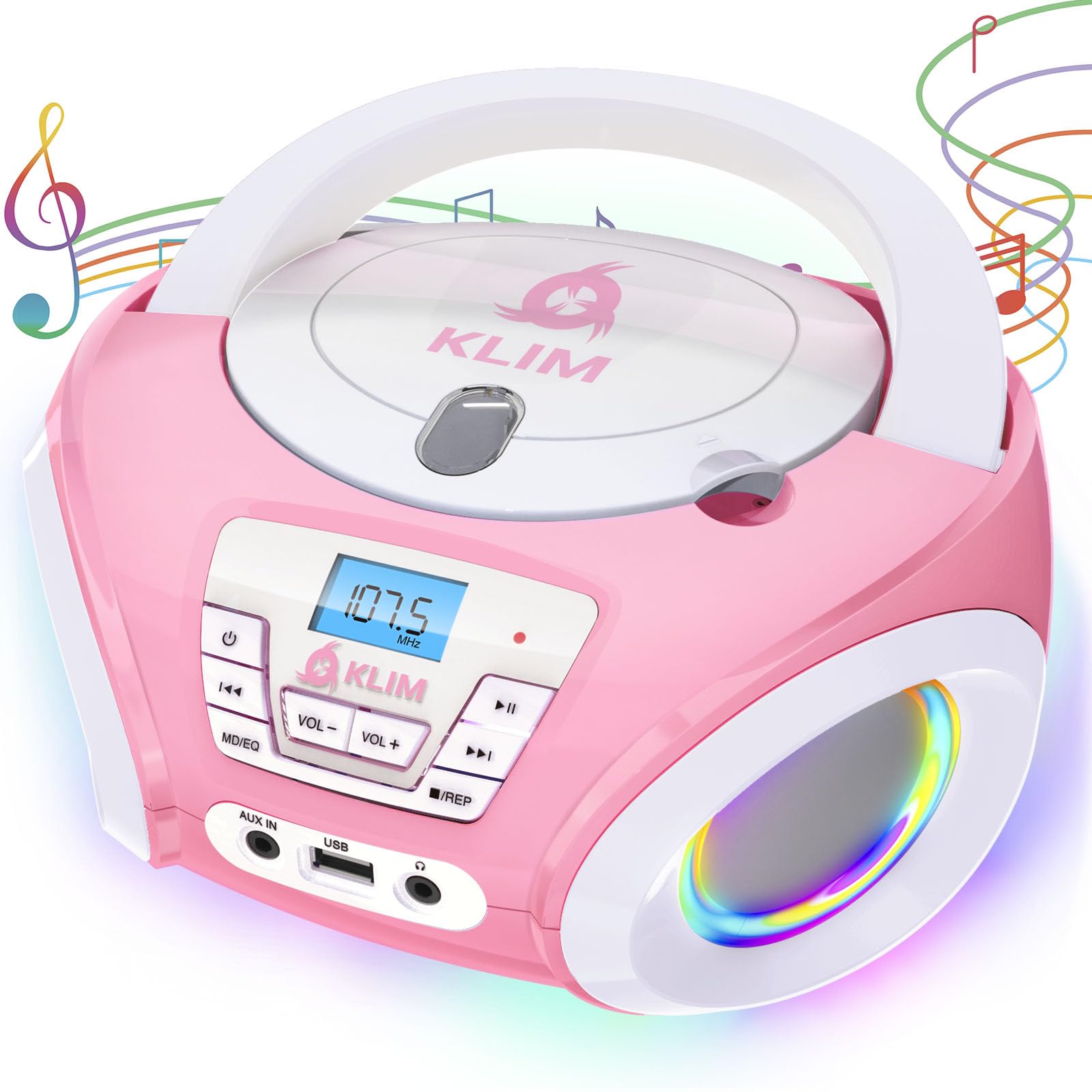 KLIM Candy Kids Portable CD Player – New Version Boombox with FM Radio & Speakers – Includes Batteries – Cute Pink Design for Kids & Toddlers - Rose