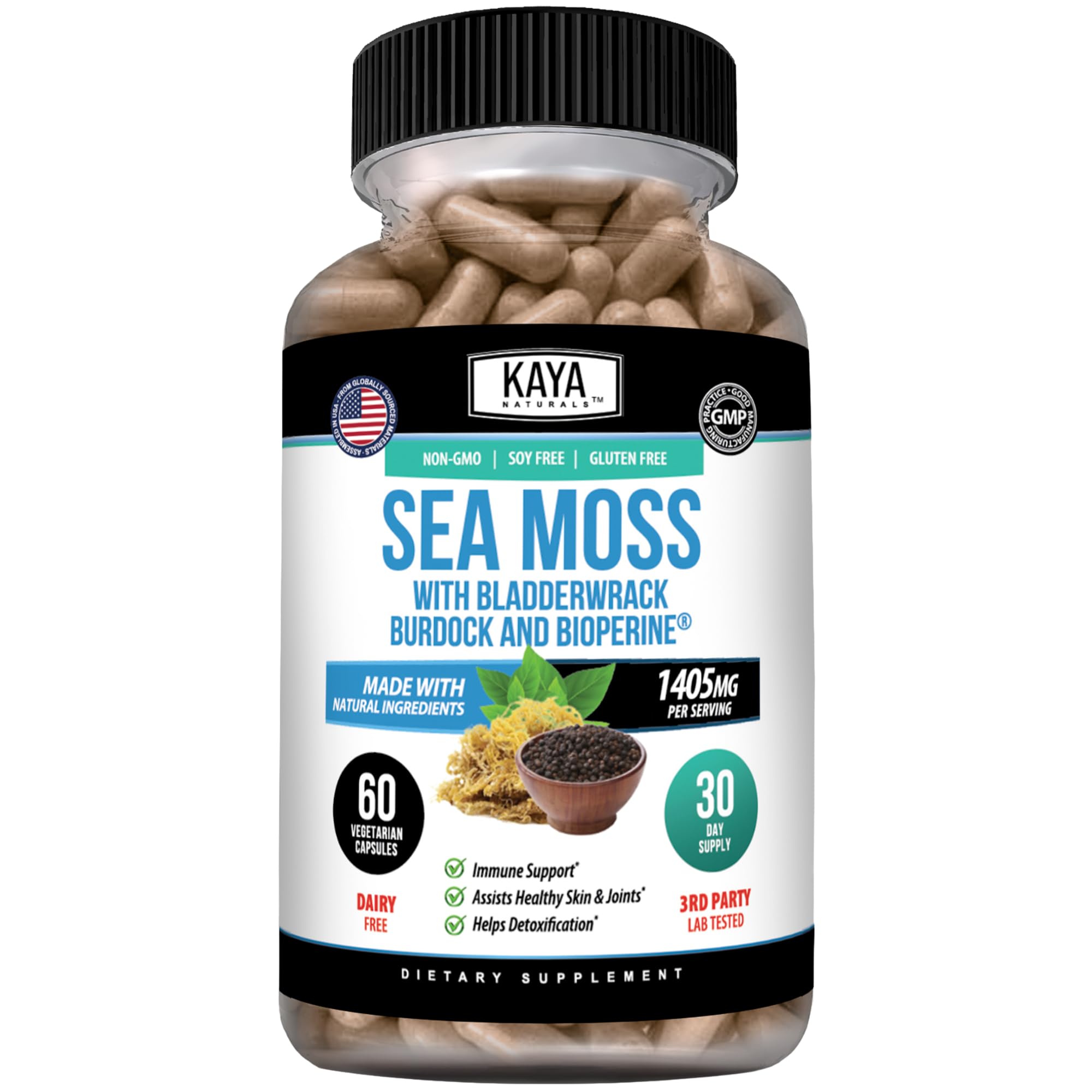 Kaya Naturals Sea Moss Capsules with Bladderwrack & Burdock Root, 60 Count 60 Count (Pack of 1)