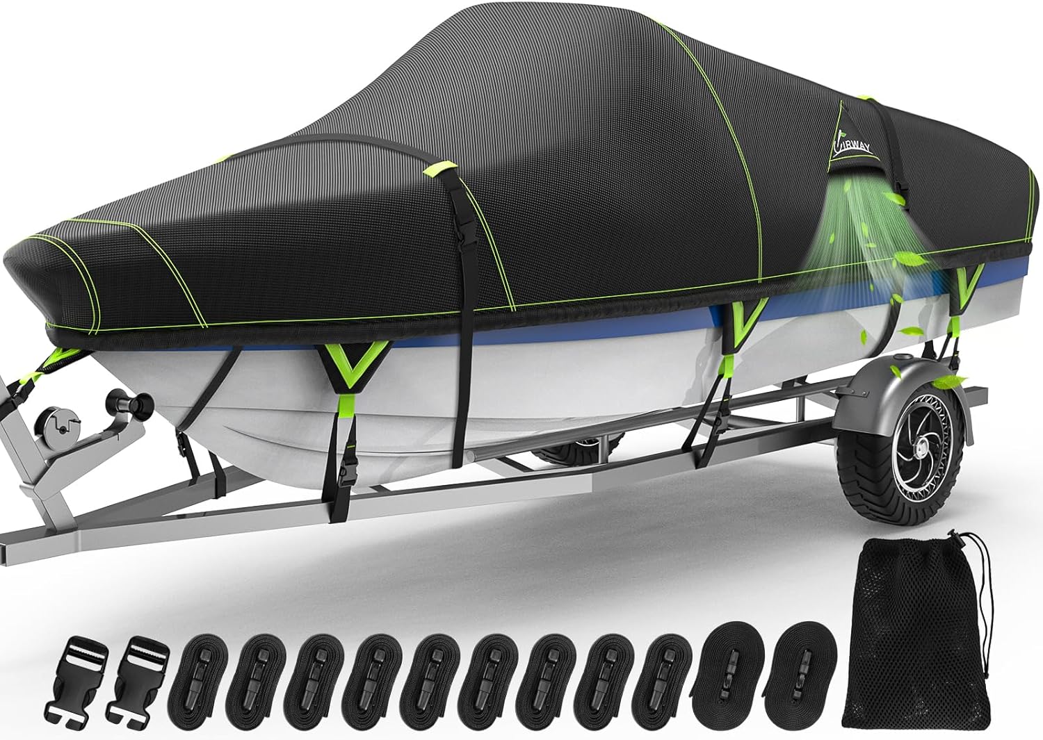 UIRWAY Upgraded Boat Covers 22-24 ft, Trailerable Bass Boat Cover with Windproof Strap, 1200D Waterproof Marine Grade Winter Boat Tarp Fit V-Hull/V-Hull, Fishing Boat, Setup & Storage 22'-24'Long, Beam Width Up To 102" Black