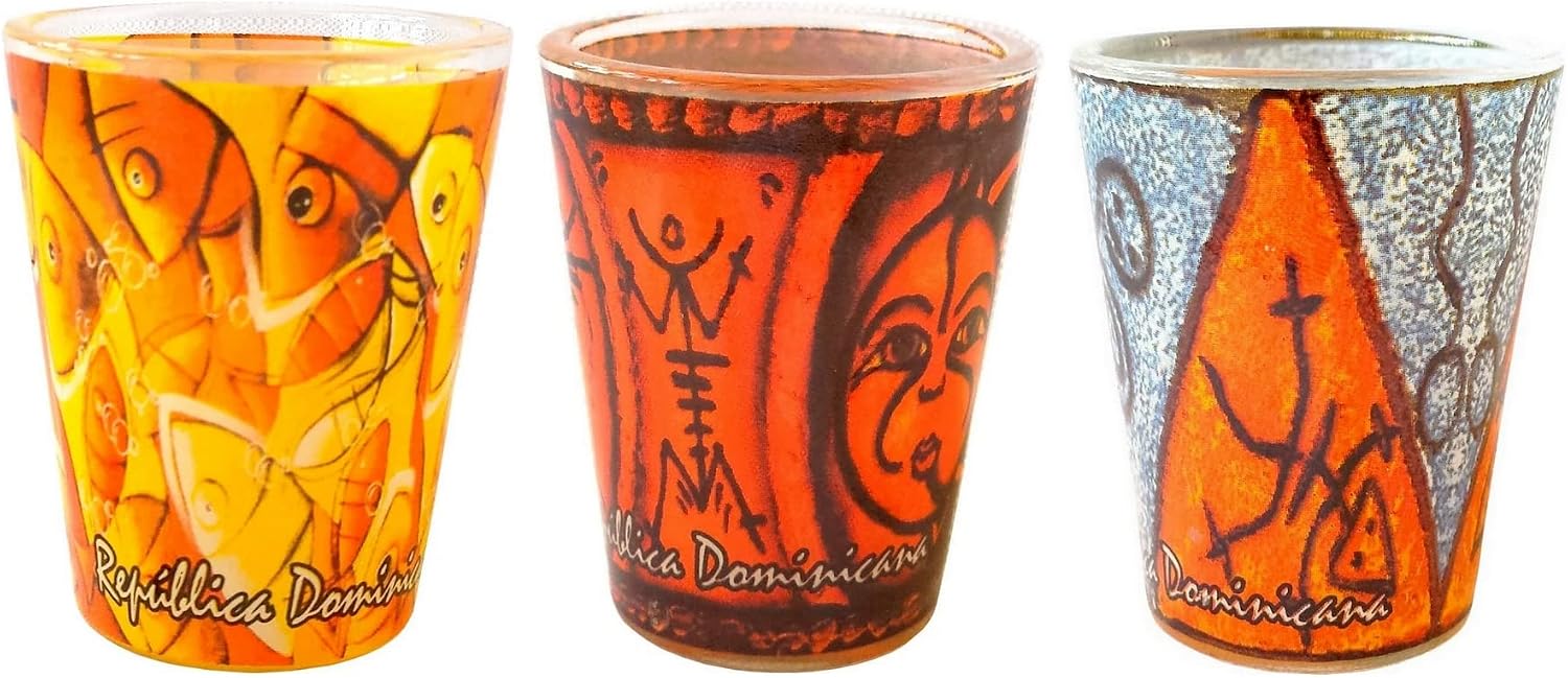 Three decorative shot glasses from the Mamajuana Karibu set