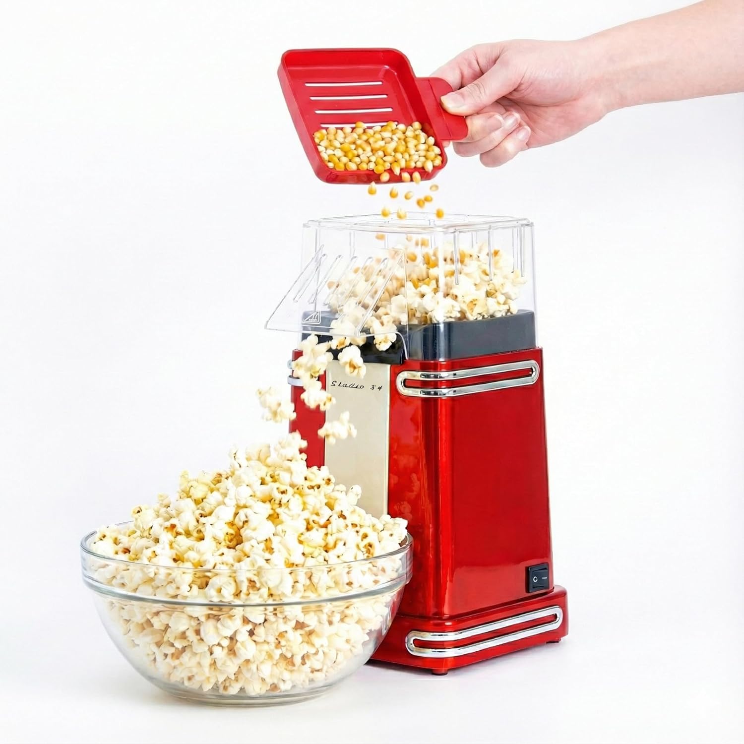 Studio 54 Retro Electric Popcorn Maker – Hot Air Popper, Oil-Free Mini Popcorn Machine with 8-Cup Capacity, 900W Air Popcorn Maker, Compact Countertop Design with Butter Melting Lid, Red