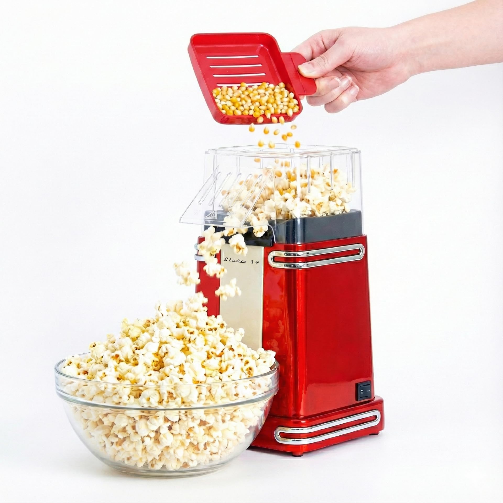 View 1 of Studio 54 Retro Electric Popcorn Maker – Hot Air Popper, Oil-Free Mini Popcorn Machine with 8-Cup Capacity, 900W Air Popcorn Maker, Compact Countertop Design with Butter Melting Lid, Red