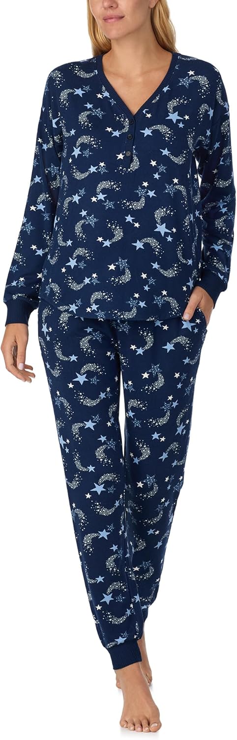 kate spade new york Women's 2-Piece Long Sleeve Henley Top & Jogger Pant Pajama Set, Brushed Cozy Soft Jersey, Ribbed Cuffs