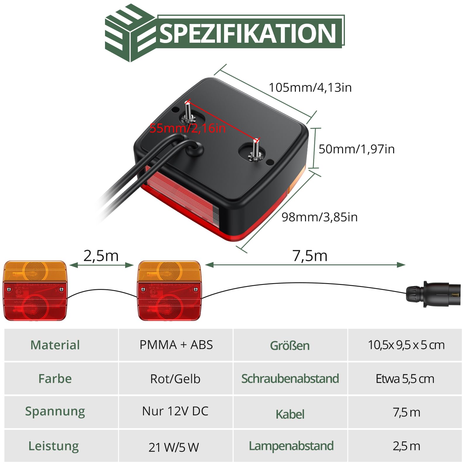 EYPINS Anhänger Rückleuchten Set, Universal 12V Anhänger Rücklichter mit 7.5m Kabel, 7-polig Anhängerbeleuchtung Kennzeichenbeleuchtung Wasserdicht IP65 für PKW LKW Caravan Boot Vans | E-Mark E13