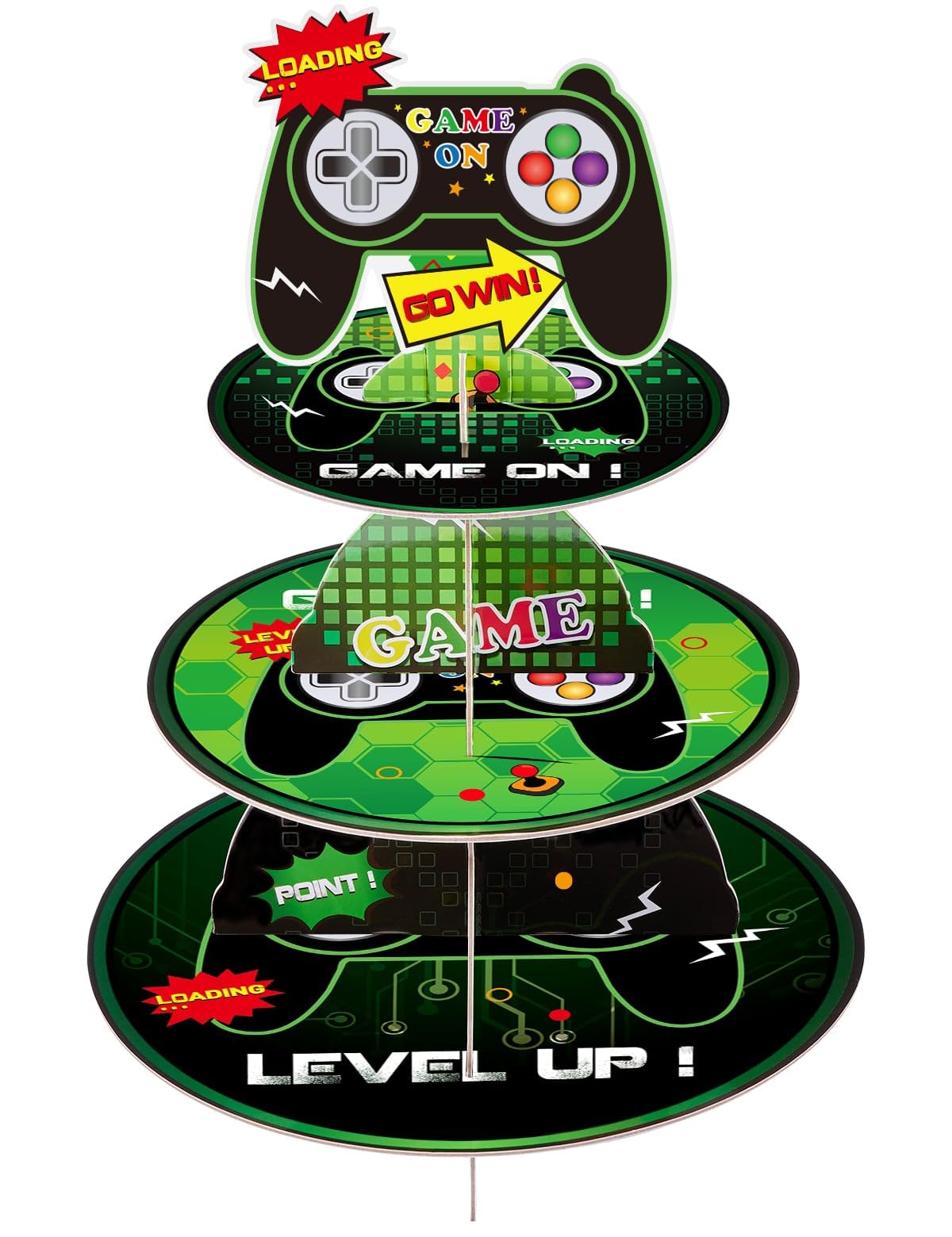 WERNNSAI Video Game Cupcake Stand - 3-Tier Video Game Party Decorations for Boys Gamer Green Gaming Cupcake Holder Round Serving Tray Stand Dessert Tower for Level Up Birthday Decorations