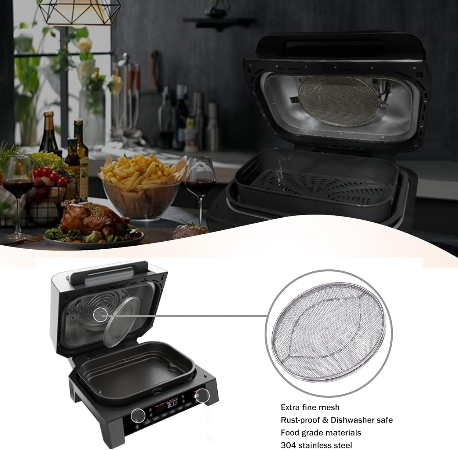 2-Pack Splatter Shield for Ninja Foodi FG551, 304 Stainless Steel Reusable Splash Guard, Oil Proof & Dishwasher Safe Air Fryer Grill Accessories