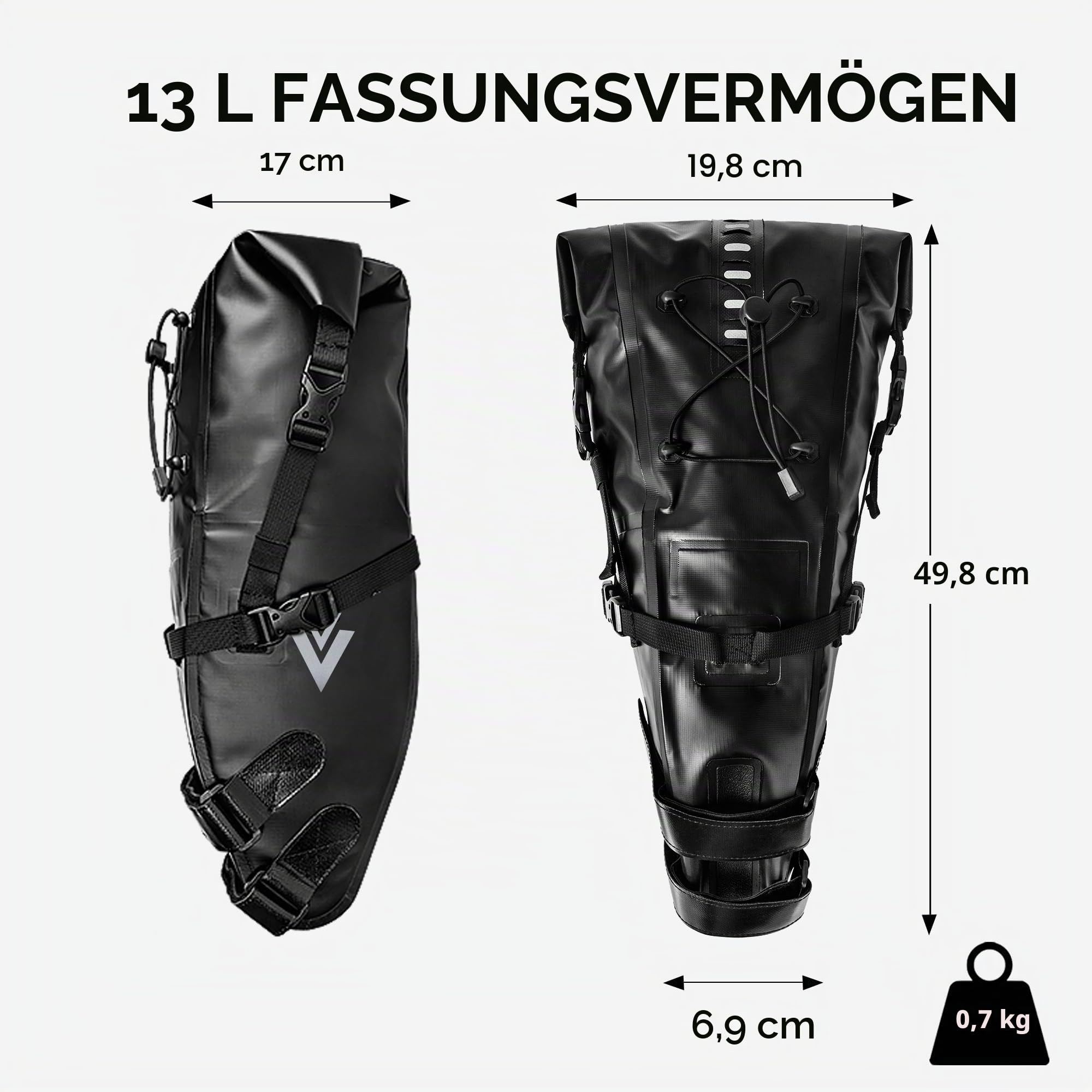 wasserdichte Fahrrad-Satteltasche - 13L Rollverschluss Fahrradsatteltasche Unter Sattel Aufbewahrungstasche für Mountainbike Rennrad Reisen (Schwarz)