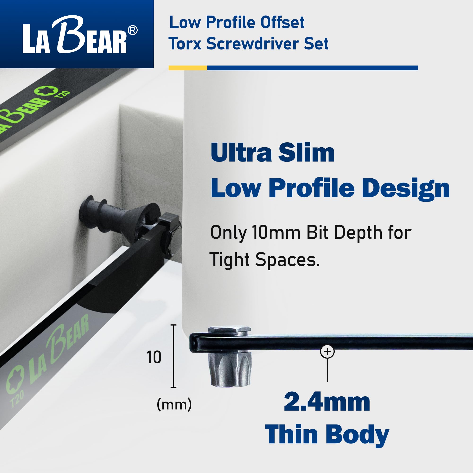 LABEAR TORX - Juego de destornilladores de desplazamiento de perfil ultra bajo, estrella, placa delgada recta de 90 grados para zonas estrechas, T20, T25, T27, T30 y T40