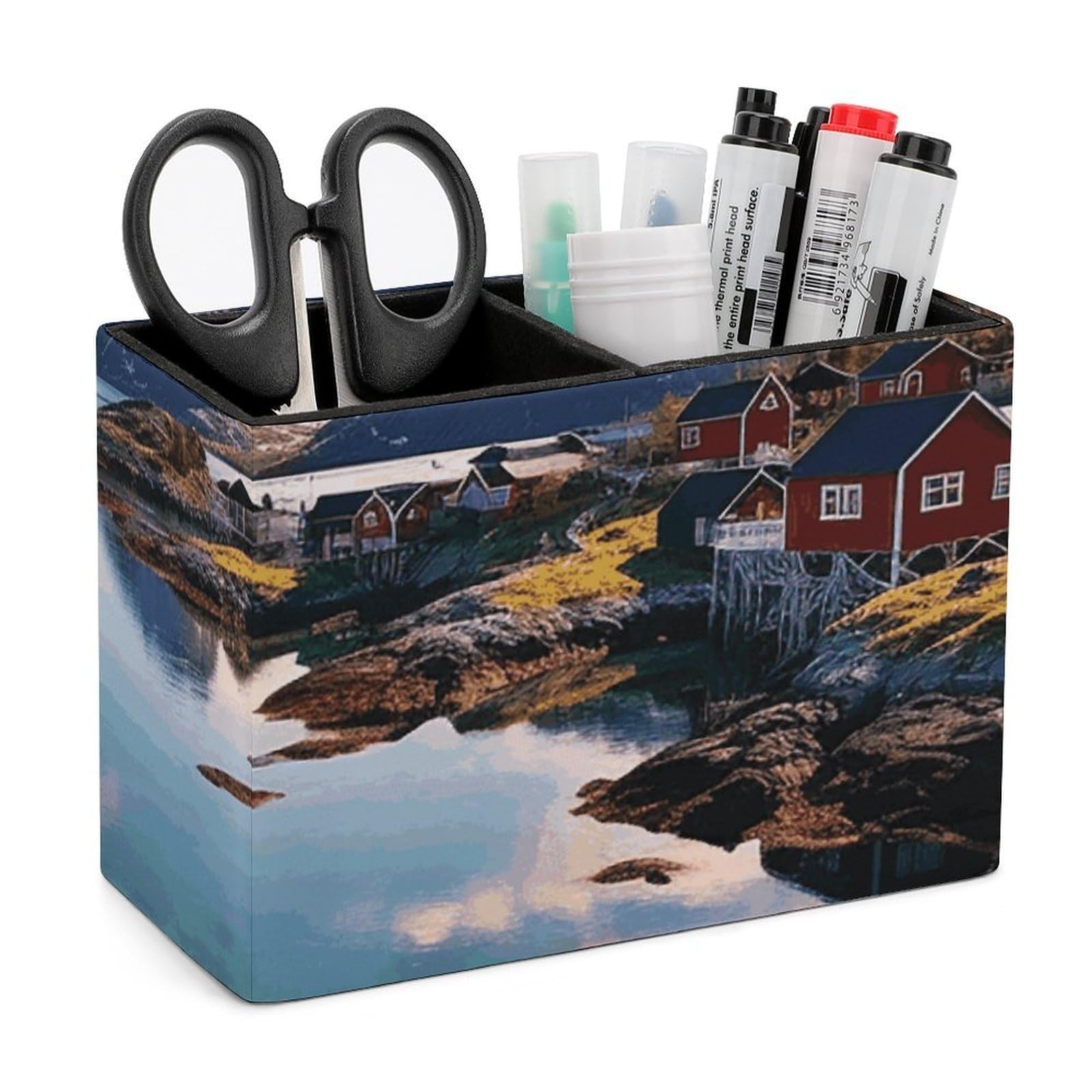 LZQPOEAS Exquisite Patterns PU Leather Pen Holder, Multifunctional Desktop Organizer Caddy with 2 Compartments, Norway Islands Pencil Cup Makeup Brush Holder for Office Home