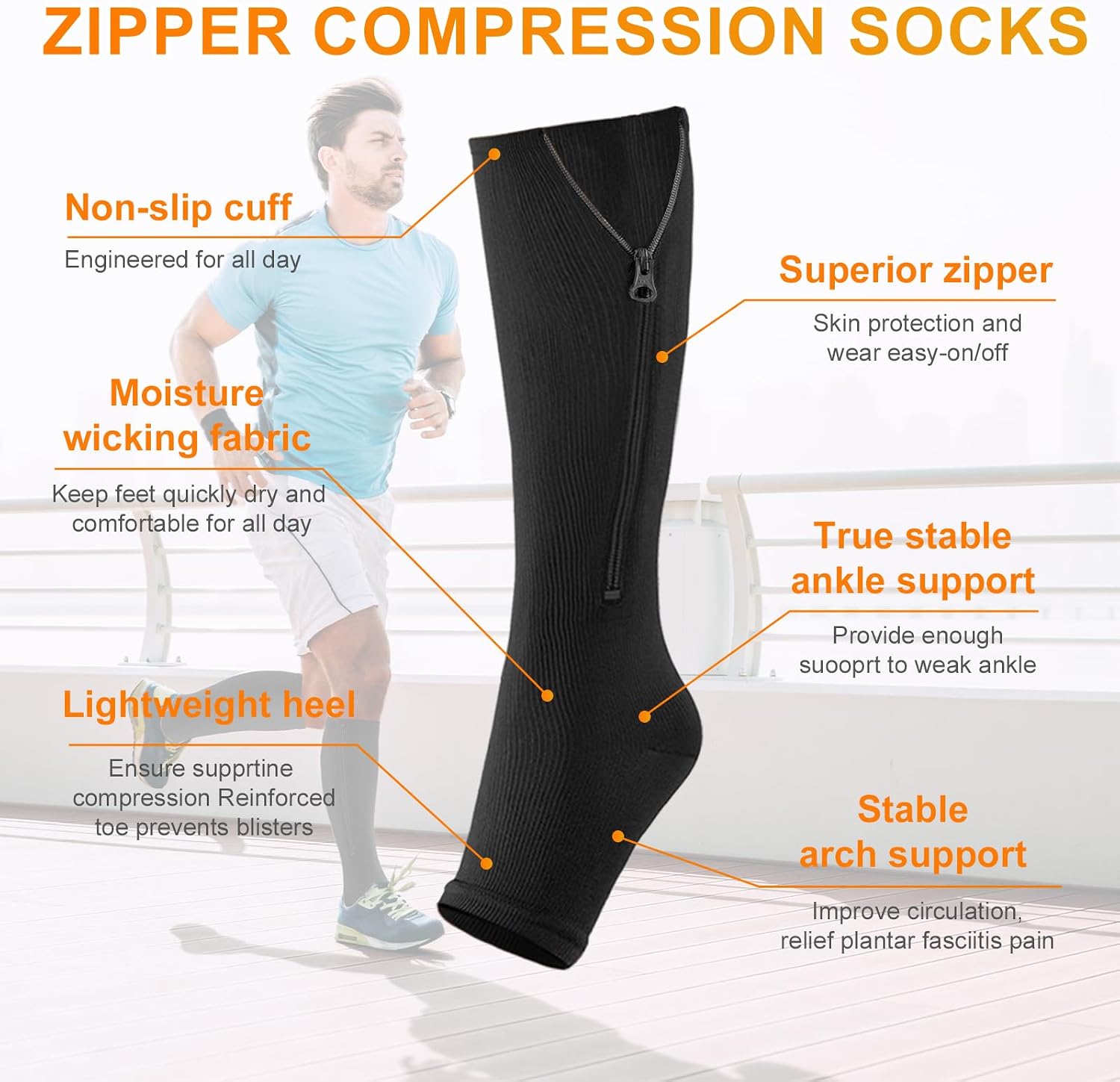 4 Pairs Zipper Compression Socks Women & Men, Toeless Compression Socks, 15-20mmhg Knee High, Anti-Pinch Zipper for Varicose Veins, Elderly, Pregnancy, Nurses, Travel