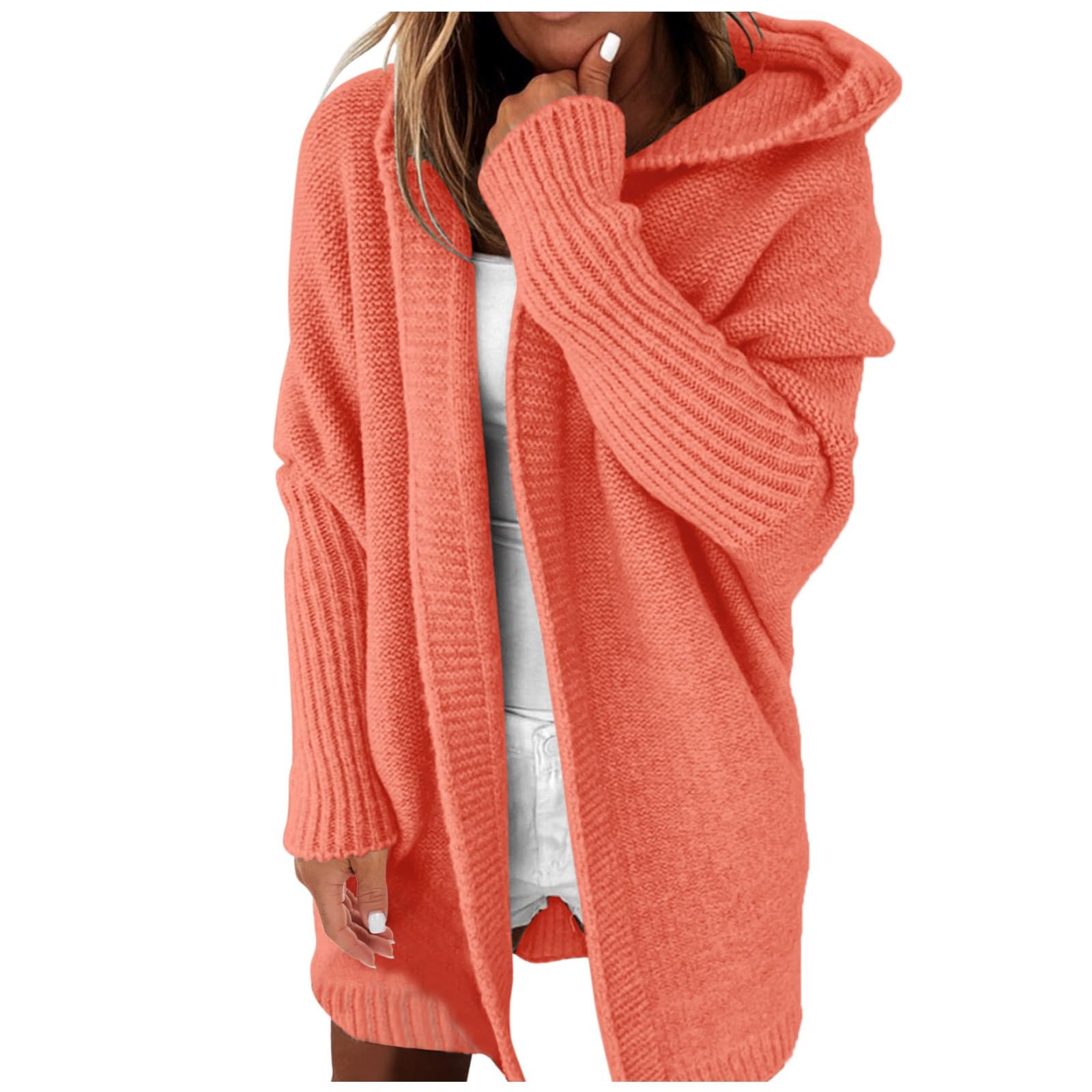 Women Hooded Open Front Cardigan Cable Knit Sweaters Solid Color Chunky Long Sweater Coats