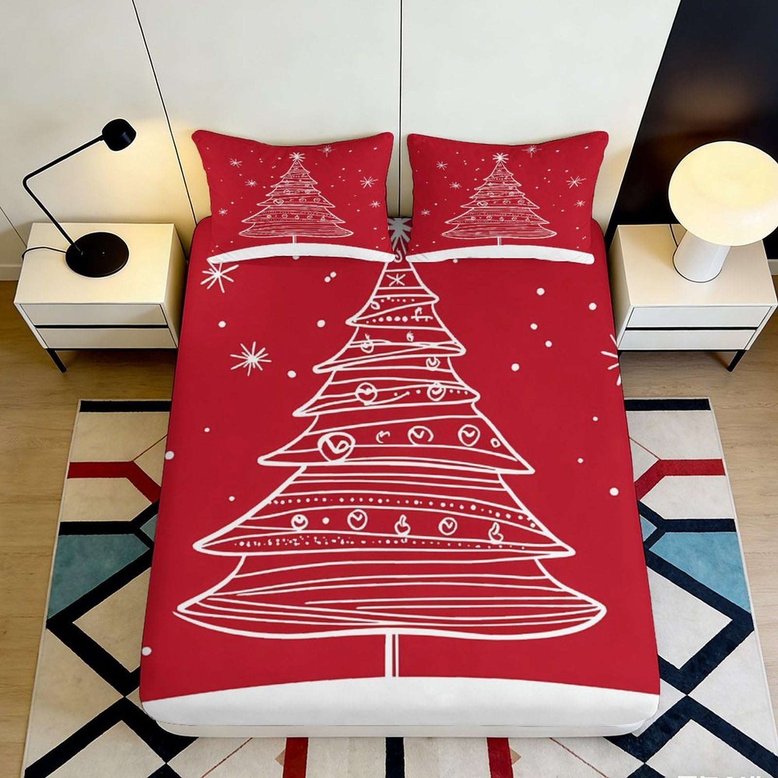 3D Printed Christmas Tree Red Fitted Sheet Microfiber Festive Snowflake Bed Cover for Bedroom Guest Room Decor 90x200x25cm