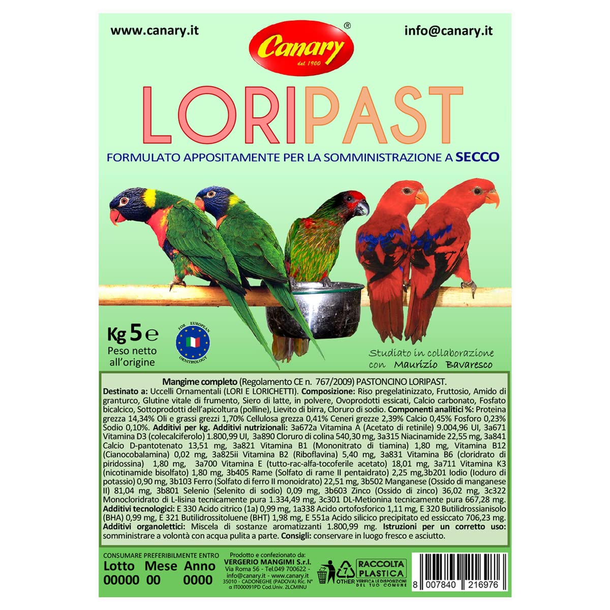 Canary Loripast 5kg, mangime per lorichetti e pappagalli, pastoncino in farina per lori, alimento completo per alimentazione a secco, confezione da 5Kg.