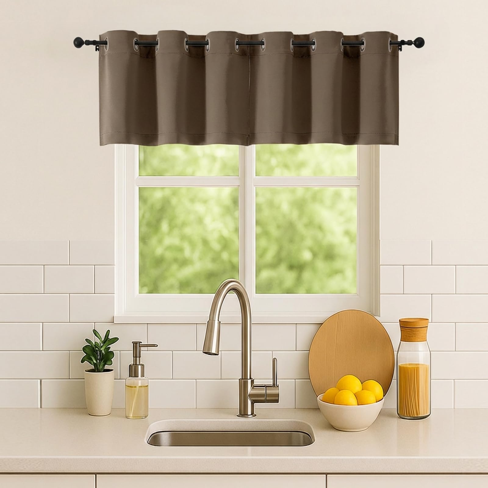 Simplebrand Brown Kitchen Valances for Windows 18 Inches Long 2 Pack, Room Darkening Window Valances for Living Room, Grommet Short Straight Drape Kitchen Curtains for Bedroom Kids Room, 40Wx18L