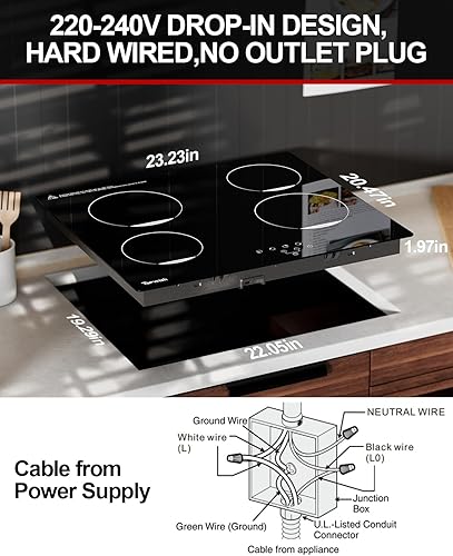Miniatura 6 de Estufa eléctrica de 24 pulgadas, 4 quemadores, placa de cerámica con goteo, estufa eléctrica radiante de 6000 W con control táctil, bloqueo de