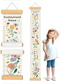 Personalized Name Growth Chart for Wall, Flower Birds Canvas Height Chart for Kids Baby Child Toddler Boys Girls, Canvas&Wood Growth Chart for Wall Room Nursery Decor,Easy Care