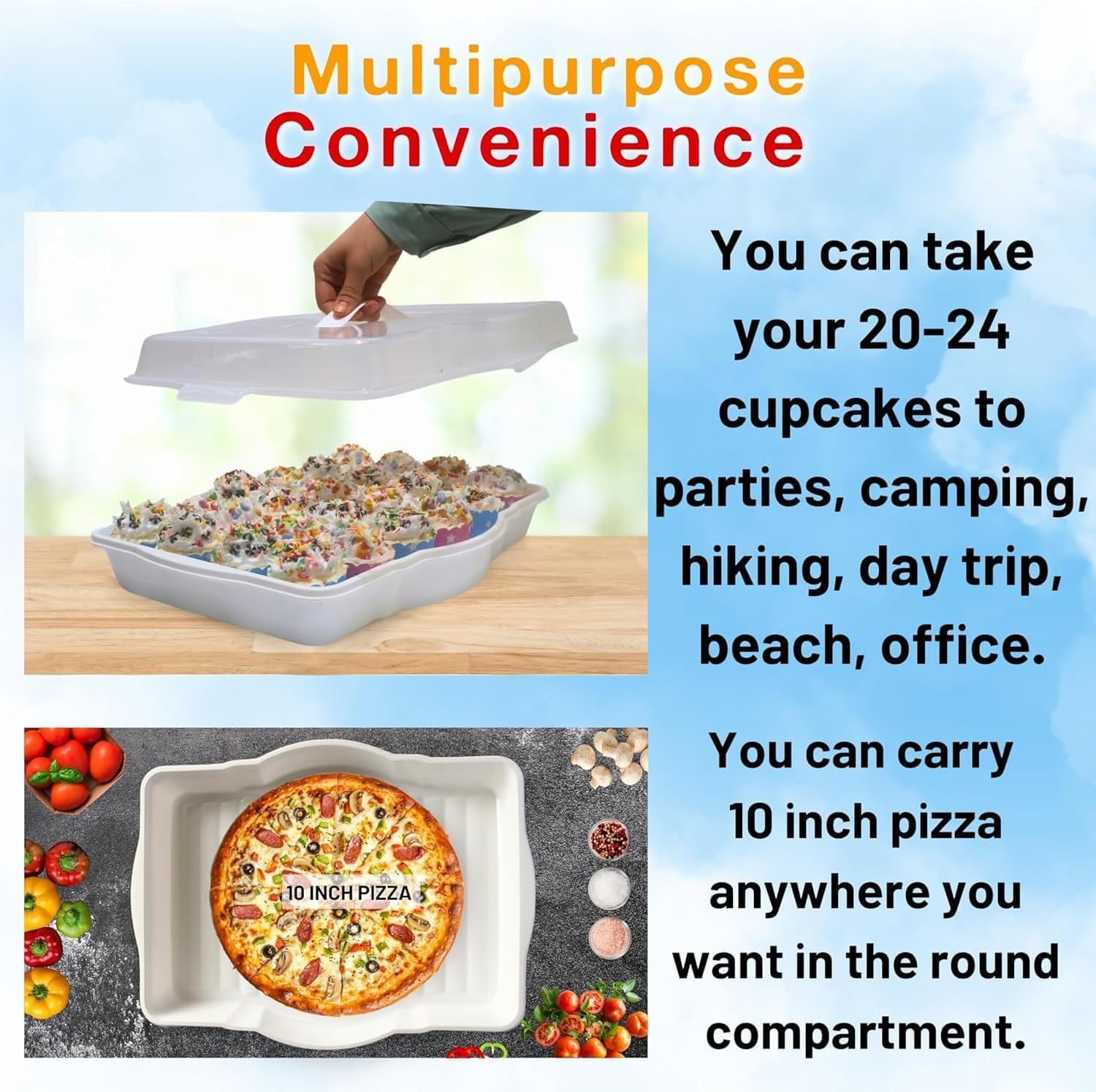 Cupcake Cake Muffin Tray Carrier, 4 in 1 Casserole Containers Holder with Lid, Pie Cupcake Carrier 24 Count, Travel Storage, Versatility Round Square Rectangular Oven Tray Carrying (Dark Grey)