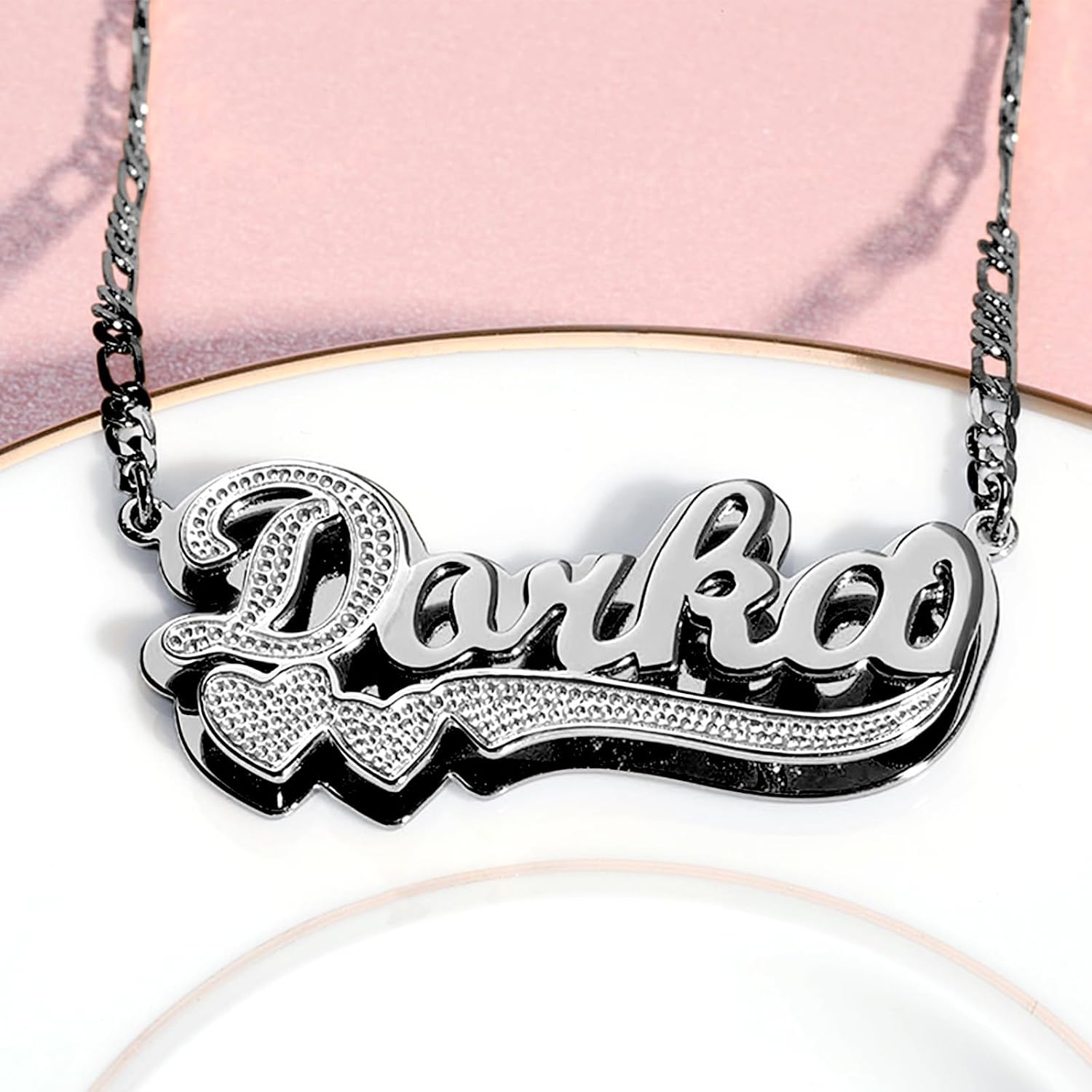 Drawelry Two Tone Customized Name Necklace Personalized 18K Gold Plate Double Plated Heart Made Letter Nameplate Pendant Necklace Valentine's Jewelry Gifts for Women Men
