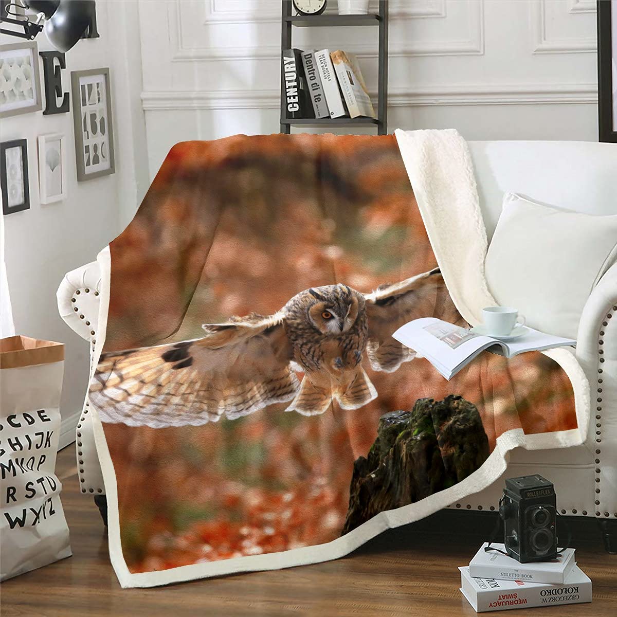 Loussiesd Coperta in pile 3D con motivo a fiori sherpa, coperta in peluche con foglie botaniche, per letto, divano, moderna, calda, sfocata, per letto matrimoniale, 150 x 199 cm