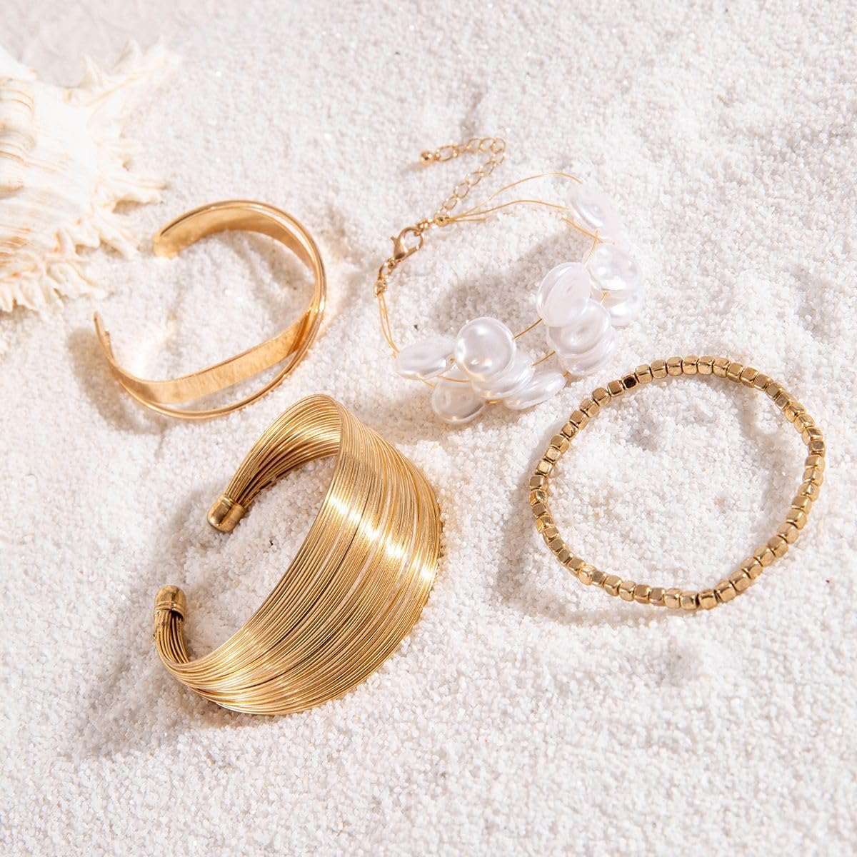 eartif 4PCS Gold Bracelets for Women Chunky Cuff Bracelets 14k Gold Plated Twisted Hinged Stackable Bangle Bracelet Set Trendy Pearl Cuff Beaded Bracelet Stack Fashion Jewelry Gifts - Image 5