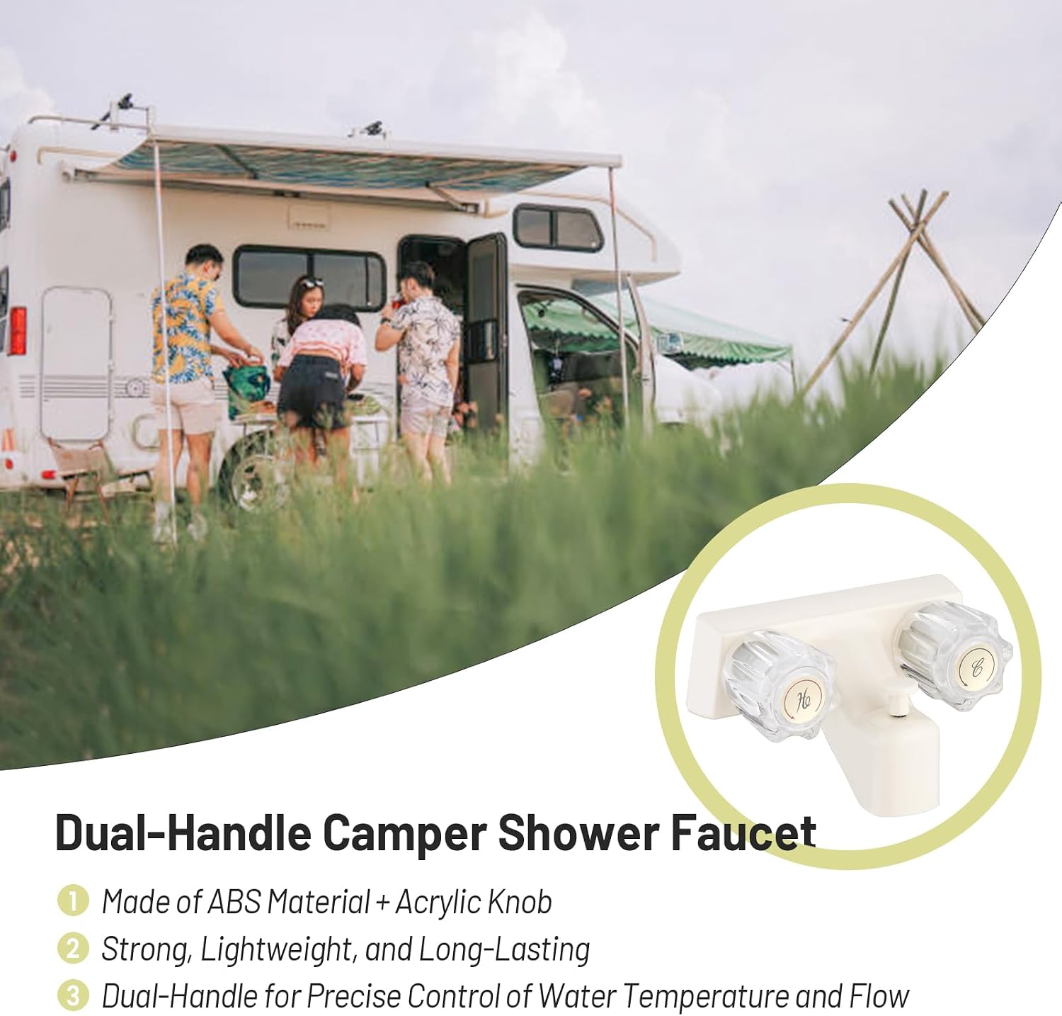Dual-Handle Camper Faucet, 4" RV Bathtub Faucet with Shower Diverter, Outdoor Shower for RV, Camper Van, Inside and Outside Bathroom (Milky White)