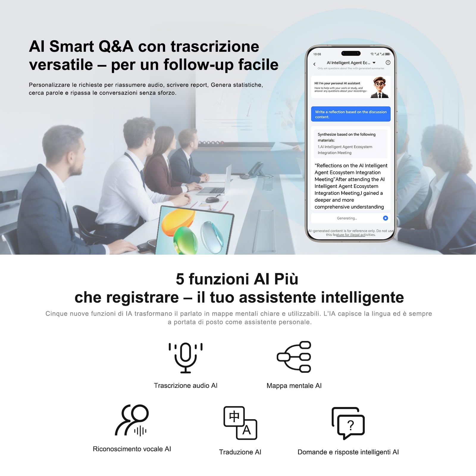 HONOR CHOICE AI Note Registratore Vocale, 600 Min/Mese di Trascrizione Gratuita, Dictafone Digitale con Riepiloghi IA e Mappe Mentali, 130+ Lingue, Sottile Scheda Magnetica, per Riunioni e Chiamate