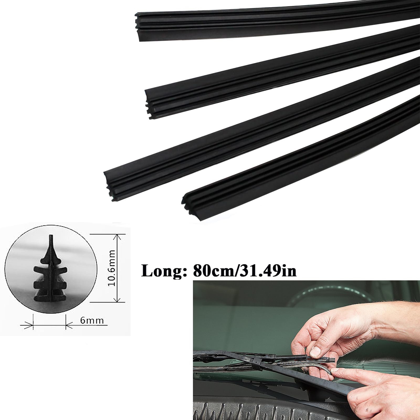 Lot De 4 Caoutchoucs Essuie-Glace Universels 800mm - En Caoutchouc Naturel Démontable
