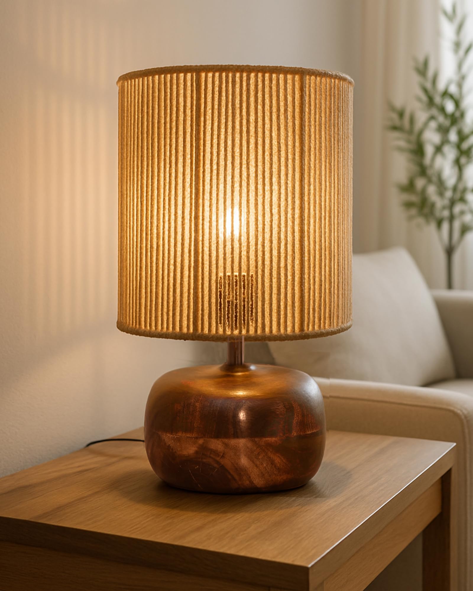 Homesake® Natural Weave Rope Table Lamp | Handcrafted Boho Bedside Light with Wooden Base | Warm Ambient for Night Lamp, Bedroom, Living Room, Study, Kids Room, Livra Home Decor, Ovolo (Beige, STR)-image-18